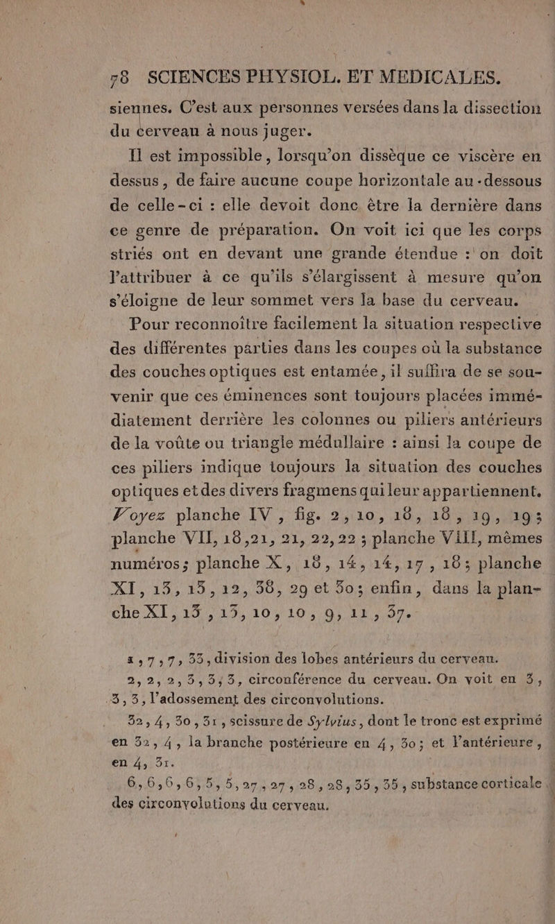 siennes. C’est aux personnes versées dans la dissection du cerveau à nous juger. Il est impossible , lorsqu'on dissèque ce viscère en dessus , de faire aucune coupe horizontale au -dessous de celle-ci : elle devoit donc être la dernière dans ce genre de préparation. On voit ici que les corps striés ont en devant une grande étendue :'on doit Vattribuer à ce qu'ils s’'élargissent à mesure qu’on s'éloigne de leur sommet vers la base du cerveau. Pour reconnoître facilement la situation respective des différentes parlies dans les coupes où la substance des couches optiques est entamée, il suflira de se sou- venir que ces éminences sont toujours placées immé- diatement derrière les colonnes ou piliers antérieurs de la voûte ou triangle médullaire : ainsi la coupe de ces piliers indique toujours la situation des couches optiques etdes divers fragmens quileur appartiennent, Voyez planche IV , fig. 2,10, 16, 18 , 19, 19: planche VIE, 18,21, 21, 22,22 ; planche VilI, mêmes numéros ; planche X, 10, 14, 14, 17 , 18 ; planche XI, 13, 15,12, 58, 29 et 50; enfin, dans la plan- che XT,19% 219, 10,10, 0) 11:97, 2,7:7, 35, division des lobes antérieurs du cerveau. 2,2,2,3,5,3, circouférence du cerveau. On voit en 3, 3, 3, l’adossement des circonvolutions. 02:45 303010 scissure de Sylvius, dont le tronc est exprimé en 52, 4, la branche postérieure en 4, 30; et lantérieure, en 4, 31. 6,6,6,6,5,5,97,27,28,08,35,35, substance corticale W des circonyolutions du cerveau.