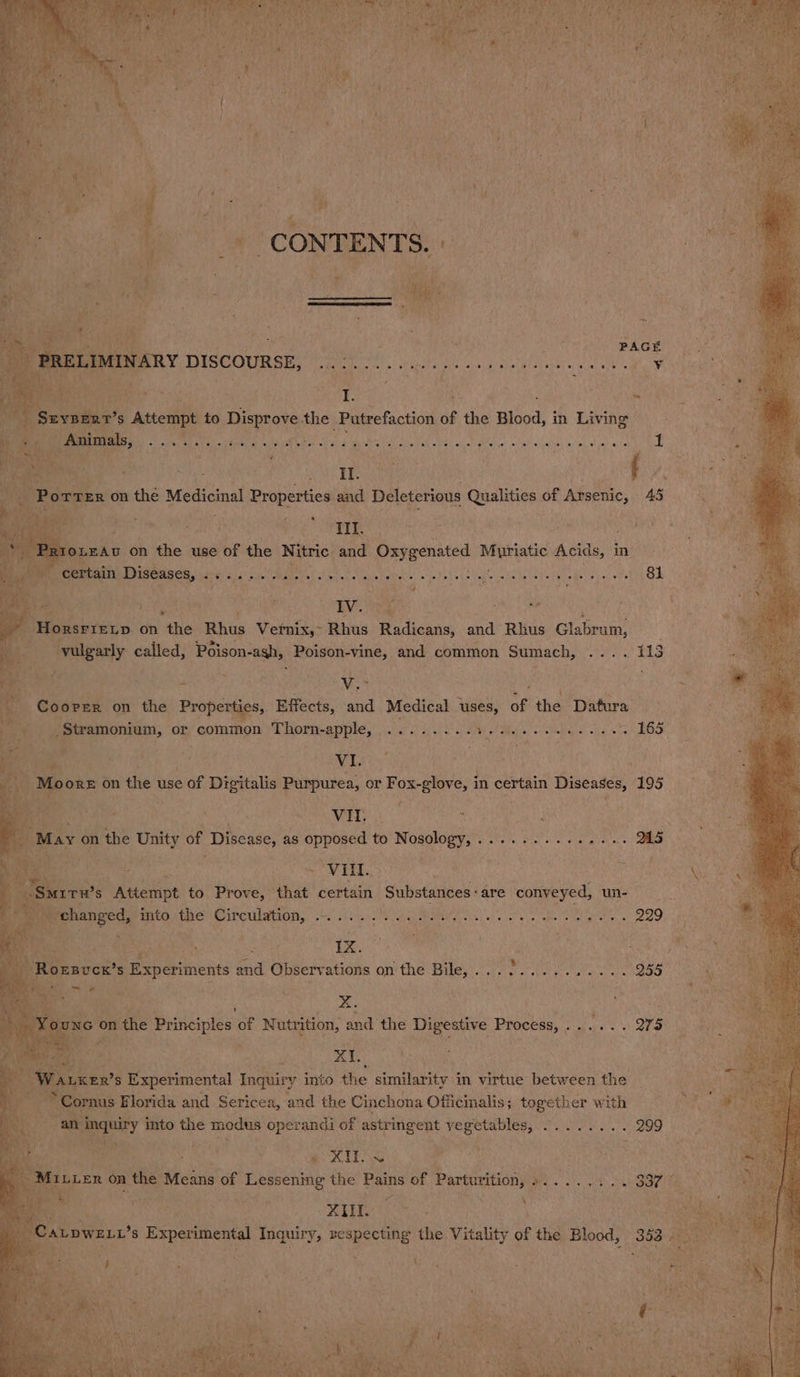 PAGE sea Mollie ial eet ose at abla eines Poa mal arab pul of ale, els toll <0 Na oe i a i : = F] I. Ei ps (POPES UCR CCA SA ATES Fis OG PROP aH aN A OE Il. on the Medicinal Properties aie Deleterious Qualities of Arsenic, 45 * ¢ a ‘ » f ‘ é “I ss ‘ e wrt a x , - 3 2 a is EAu on the use of the Nitric sdk Seicdunied Muriatic amass in- ¥ ‘ ? say ¥ <i eee Led SFIELD. on the Rhus Vernix,~ Rhus Radicans, and ‘Rhus Glabrum, : ueeely ¢ called, Hobon cial, Poison-vine, and common Stimach, wees 11S be : Vv. » JORE On the use of Digitalis Purpurea, or Fox-glove, in certain Diseases, 195 it a 3 yee i, , esau. ge ; ne ES os, - 1 ; Buck’s Experiments and Observations on the Bile, ... Lee RUM ag } e f 4 ‘ 2%,  + 0 the Principles of Nutrition, and the Digestive Process, ps We ee ry yi XI. R’S Experimental Inquiry into the similetitrs in virtue between the s Florida and Sericea, and the Cinchona Officinalis; together with as into the 2 modus sae of astringent vegetables, - BP ipareemalny ie - 299 :