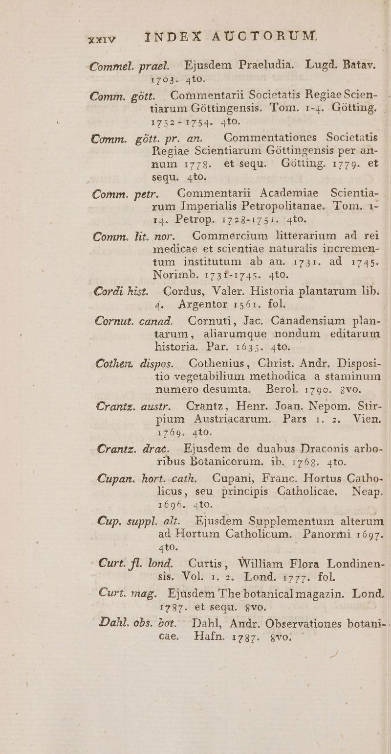 Commel.prael. Ejusdem Praeludia. Lugd. Batav. 1703. 410. . Comm. gótt. . Commentarii Societatis RegiaeScen- . tiarum Góttingensis. Tom. :i-4. Gótting. | 1752-1754. 4tO0. Comm. gótt. pr. an. Commentationes Societatis Regiae Scientiarum Góttingensis per an- num 1:778. et sequ. Gótting. 17429. ef sequ. ato. Comm. petr. Commentarii Academiae Scientia- rum Imperialis Petropolitanae. Tom. i- 14. Petrop. 1728-1751. 4tO. Comm. lit. nor. Commercium litterarium ad rei medicae et scientiae naturalis incremen- tum institutum ab an. 1731. ad 1745. Norimb. :173f-1745. 4to. Cordi bist. Cordus, Valer. Historia plantarum lib; 4. Argentor rs61:. fol. Cornut. canad. Cornuti, Jac. Canadensium plan- tarum, aliarumque nondum editarum historia. Par. 1635. 4t0. Cothenm. dispos. Cothenius, Christ. Andr. Disposi- tio vegetabilium methodica a staminum numero desumta. Berol. 1790. $vo. Crantz. austr. Cxantz, Henr. Joan. Nepom. Stir- pium Austriacarum. Pars i. z. Vien. 1769. 4o. Crantz. drac. Ejusdem de duabus Draconis arbo- ribus Botanicorum. ib. 1:768. ato. Cupan. hort. cath. Cupani, Franc. Hortus Catho- licus, seu principis Catholicae. Neap. 1696. 4to. oo suppl. ait. Ejusdem S upniusoRtn alterum ad Hortum Catholicum. Panormi 1:697. 410. : Curt. ft. lond. Curtis, William Flora Londinen- sis. Vol. i. 2. Lond. 1777. fol. Curt. mag. Ejusdem The botanicalmagazin. Lond. 1787. ei sequ. $vo. Dahl. obs. bot. ^ Dahl, Andr. Observationes Kotenid cae. Hafn. 1787. $VO.