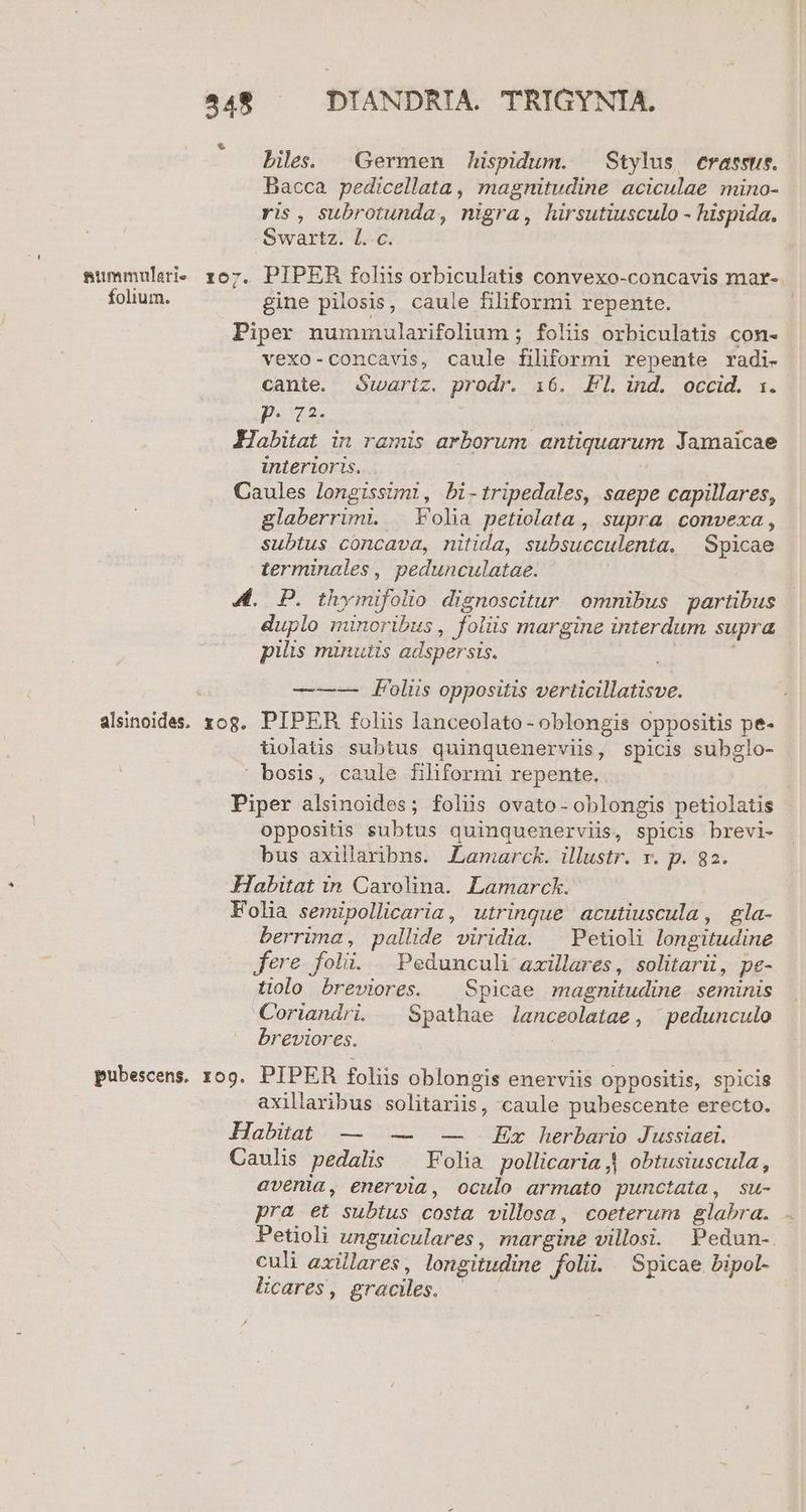 biles. | Germen hispidum. | Stylus e€rassus. Bacca pedicellata, magnitudine aciculae mino- ris, subrotunda, nigra, hirsutiusculo - hispida. Swartz. l.c. summularis o7. PIPER folus orbiculatis convexo-concavis mar-. folium. gine pilosis, caule filiformi repente. | Piper nummularifolium ; foliis orbiculatis con- vexo-concavis, caule filiformi repente radi- cante. Swariz. prodr. 16. Fl. ind. occid. i. p.72. Habitat in ramis arborum antiquarum Jamaicae interioris. Caules longissimi, bi-tripedales, saepe capillares, glaberrimt. | Folia petiolata, supra convexa, subtus concava, nitida, subsucculenta. ^ Spicae terminales , pedunculatae. 4. P. thymifolio dignoscitur omnibus partibus duplo minoribus , foliis margine interdum supra pilis minutis adspersis. | ——— Foliis oppositis verticillatisve. alsinoides. zog. PIPER foliis lanceolato- oblongis oppositis pe- tolatis subtus quinquenerviis, spicis subglo-  bosis, caule fihformi repente. Piper alsinoides; foliis ovato - oblongis petiolatis oppositis subtus quinquenerviis, spicis brevi- bus axillaribns. Lamarck. illustr. v. p. 82. Habitat in Carolina. Lamarck. Folia semipollicaria, utrinque acutiuscula, gla- berrima, pallide viridia. | Petiol longitudine fere foli. Pedunculi axillares, solitarii, pe- tolo breviores. | Spicae magnitudine seminis Coriandri. — Spathae lanceolatae , pedunculo breviores. pubescens. o9. PIPER foliis oblongis enerviis oppositis, spicis axillaribus solitariis, caule pubescente erecto. Habitat — — — | Ex herbario Jussiaei. Caulis pedalis Fola pollicaria | obtusiuscula, avenia, enervia, oculo armato punctata, su- pra et subtus costa villosa, coeterum glabra. . Petioli unguiculares, margine villosi. Pedun-. culi axillares, longitudine folü. —Spicae bipol- lcares, graciles. ^ —