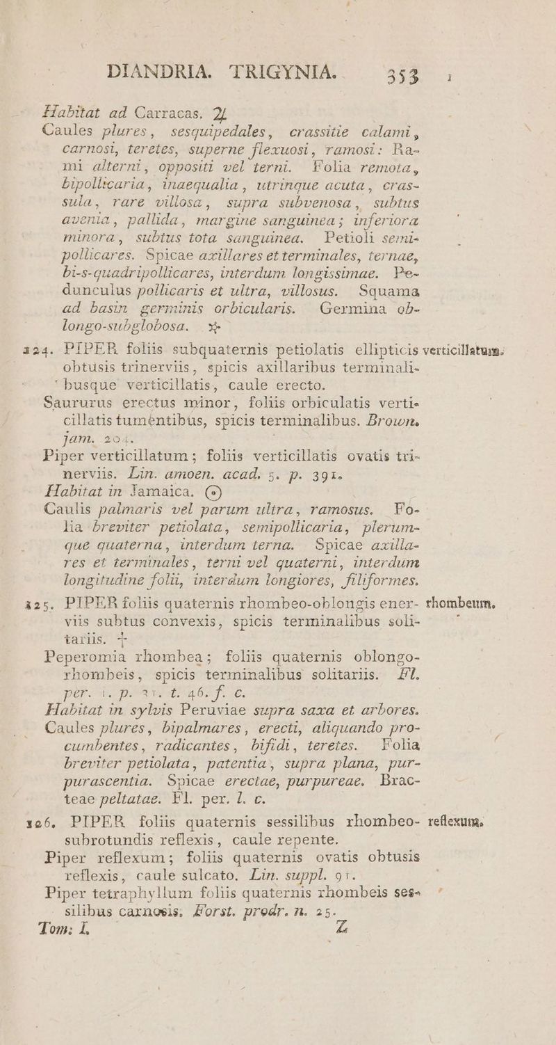 flabitat ad Carracas. | Caules plures, sesquipedales, crassitie. calami, carnosi, teretes, superne flexuosi, ramosi: Ra- mi ajterni, oppositi vel terni. Folia remota, bipollicaria, inaequalia , utrinque acuta , cras- sula , rare villosa , supra subvenosa , PUE avenia, pallida, mar gine sanguinea ; inferi lora minora, subins. £ota sanguinea. Petioli semi- pollicares. Spicae axillares et terminales, ternae, bi-s-quadripollicares, interdum longissimae. Pe- dunculus pollicaris et ultra, villosus. Squama ad basin germinis orbicularis. | Germina ob- longo-subglobosa. x» 124. PIPER foliis subquaternis petiolatis ellipticis verticillatum. obtusis trinerviis, spicis axillaribus terminali- busque verticillaatis, caule erecto. Saururus erectus minor, fohis orbiculatis verti- cillatis tumentibüs, spicis terminalibus. Brown. Jam. 204 Piper verticillatum ; folis verticillatis ovatis tri- nervis. Lin. amoen. acad. s. p. 391. Habitat in Jamaica. (?) Caulis palmaris vel parum ultra, ramosus. | Fo- lia breviter petiolata, semipollicaria, plerum- que quaterna, interdum terna. | Spicae axilla- res et terminales, terni vel quaterni, interdum longitudine folii, interdum longiores, filiformes. i25. PIPER foliis quaternis rhombeo-oblongis ener- thombeum. viis subtus convexis, spicis terminalibus soli- : taris. | Peperomia rhombea; foliis quaternis oblongo- rhombeis, spicis terminalibus solitariis. PL. pir. c pa ERES UE, Habitat in sylvis Peruviae supra saxa et arbores. Caules plures, bipalmares, erecti, aliquando pro- ; cwumbentes , radicantes, bifidi, teretes. — Folia breviter petiolata, patentia, supra plana, pur- purascentia. Sypicae erectae, purpureae. Bxrac- teae peltatae. Fl. per LE 126, PIPER foliis quaternis sessilibus rhombeo- reflexum, subrotundis reflexis, caule repente. Piper reflexum ; foliis quaternis ovatis obtusis reflexis, caule sulcato. Lin. suppl. 9:. Piper tetraphyllum folis quaternis rhombeis ses. ^ silibus carnoeis, Forst. predr. n. 25. Ton. 1.