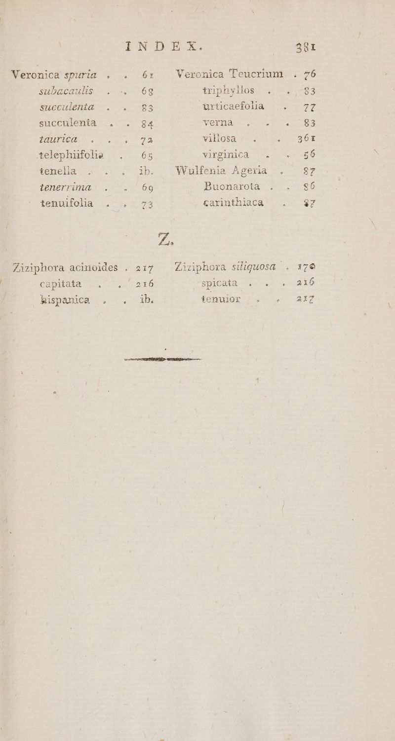 Veronica spuria subacaulis succulenta succulenta iaurica Xtelephufolie tenelia . tenerrima tenuifolia capitata —, hispauica urticaefolia Verga 27 villosa . virginicà . Wulfenia Agexria Buonarota Ccarinthiaca spHenia ue ind ienulOr |. 170 216 217