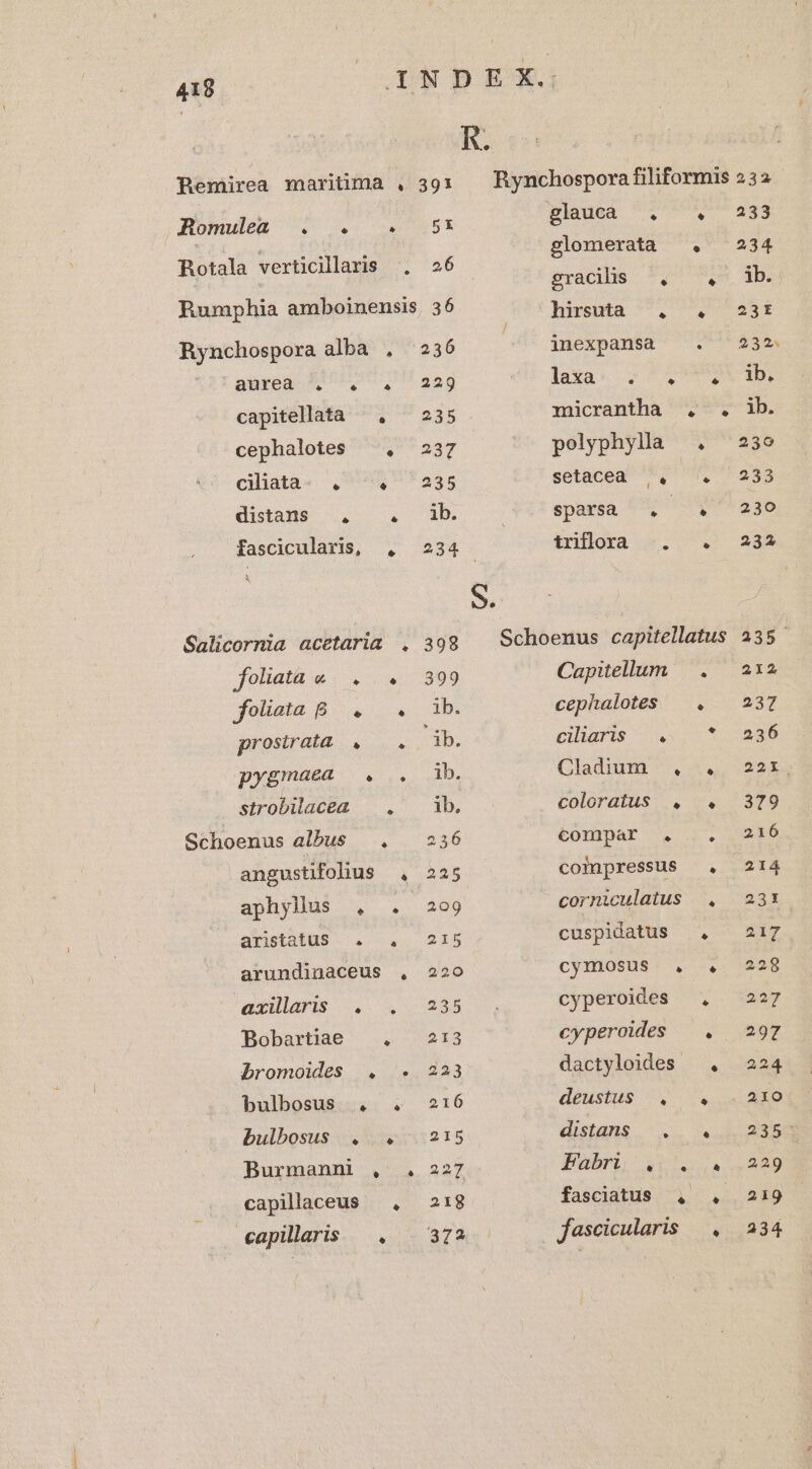 4198 urNDE 3. R. Bemirea maritima . 391 Rynchospora filiformis 232 Romulea ^ 0.4 2. 055 Pu c glomerata (. 234 Rotala verticilaris . 26 ri AUS : vranibs $9 03 ib. Rumphia amboinensis, 36 hicsida (9700 28d Rynchospora alba , 236 inexpansa DATE SN oTaured 7 77.7229 laxa« 2 QUA ID. capitellata ^, 235 micrantha , . ib. cephalotes , 237 polyphylla . 239 ciata- . «^9 4535 setacea ', , 233 distame ., . db (epum s 0 ap fascicularis, , 234 inílora 5... 235 S. Salicorma acetaria , 398 Schoenus capitellatus 235. foliatae |. . 399 Capitellum —. 212 folieta B... . ib. cephalotes ^ . — 237 prostrata... ib. ciliaaris . * 236 pygmaea |. ,. ib. Cladiumr- ..., 22r strobilacea | . ib. coloratus: . .. | 379 Schoenus albus |. 236 tonmar , .. 215 angustifolius , 225 coinpressus ^. 214 aphylls , . gu 9 corniculaitus . 231 aristatuiS . . 215 cuspidatus . 217 arundinaceus , 220 cymosus , ., 228 GXxMIAFIS -. 0. 2 235/54 cyperoides .,. 227 Bobartiae . 2:3 cyperoides |. 297 bromoides . .« 223 dactyloides . 224 bulbosus , . 216 deustus /. ^. 210 bulbosus . . 215 distans... ....23593 Burmanni , ., 227 Pbri 457.5. ..229 capillaceus , 218 fasciatus , .,.. 219 capilaris —. — 372 fascicularis , 234