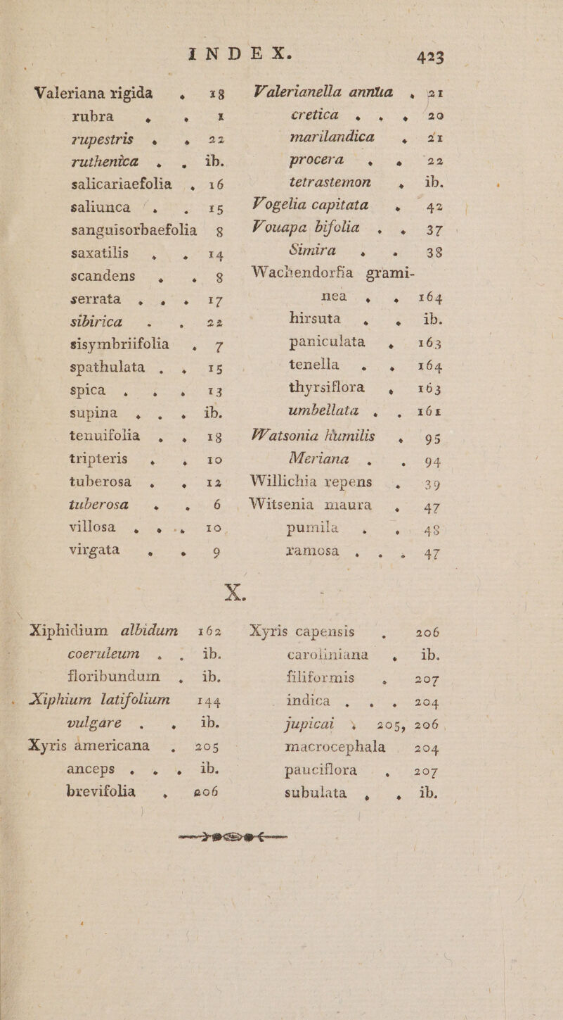 Valeriana xigida — . x8 — Valerianella annüa. . 2: rubra h ' x : CEHOR x v. (29 rupestris . . 22 marilandica — , zx ruthenica , ,. ib. procera . . 22 salicariaefolia ., 16 tetrastemon | , ib. saliunca /', Te b. Fi ogelia capitata ded 42 sanguisorbaefolia 8g Vouapa bifolia. . . a7 saxatillis. , RUE Pi éóinira , . 38 scandens , .,. $ Wachendorfa grami- Serraid coo. 7. I7 nea , 2c 64 s (uo. 324 c 5 0 BEES, V qo AE sisymbriifolia ., 7 paniculatà |, 163 spathnlata ,.,. 15 - tewela. ..,.. x64 Shiuo s Ur. 4 13 thyrsflora ', — x63 SupiHa 4... ib. umbellata..' .. .xós tenutolià 4. 19 J&Fatsonia kumilis . 95 tripteris ^. ^, 10 Merigna 25... 94 tuberosa ., JEMSR Y. Wilichia zepens . ^39 iuherosR. . 1 6... Wibsenià inauta 4. — 47 NXELIOSd 5s. oe bO, punia . cid Xibegaba o Q5. 59 Palos 3. 45 N . Xiphidium albidum i62 Xyris capensis . ^ 206 coeruleum . . ib. caroliniana , ib. floribundum , ib. filiformis , . 397 . Xiphium latifolium |— 144 SSENdi d n o ed gd UDHISATB.—. 5 jupicai 205, 296, Xyris àmericana ., 205 - macrocephala | 2904 [ SAEEDS V—4 7 V--ib, paucillora . .. 207 bxevifola , 206 süubulatà ,.. , ib —ÓÉ o t