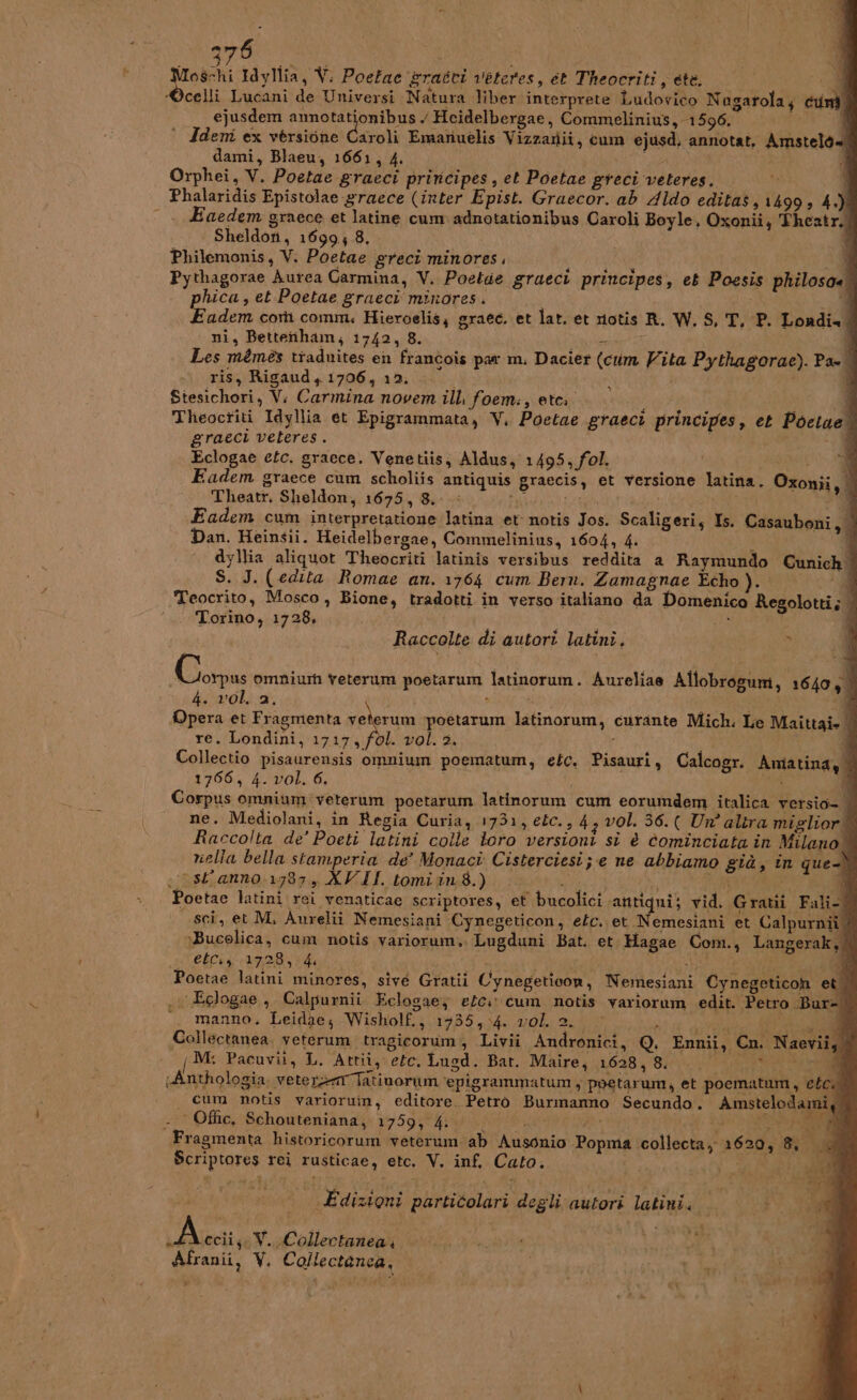 ogni Idyllia, V. Poefae graéci veteres, et Theocriti, ete. 0 i Ocelli Lucani de Universi Natura liber interprete Ludovico Nagarola; cum’ ejusdem annotationibus Heidelbergae, Commelinius, 1596. É © Idem ex versione Caroli Emariuelis Vizzariii, cum ‘ejusd, annotat. Amstela= dami, Blaeu, 1661, 4. dì Orphei, V. Poetae graeci principes, et Poetae greci veteres. | © Phalaridis Epistolae &raece (inter Epist. Graecor. ab Aldo editas, 1499, 4 Eaedem graece et latine cum adnotationibus Caroli Boyle, Oxonii, Theatr. Sheldon, 1699; 8, i Philemonis, V. Poetae greci minores. CAME | Pythagorae Aurea Carmina, V. Poetde graeci principes, et Poesis philosa«. phica , et.Poetae graeci minores. ee CR Eadem cori comm; Hieroelis, graec. et lat. et niotis R. W. S, T. P. Londi= ni, Betteriham, 1742, 8. zone È Les mémès ttaduites en francois par m. Dacier (cum Vita Pythagorac). Pa | ris, Rigaud , 1706, 12, Stesichori, V. Carmina novem ill foem:, etc.” i ; i Theocriti Idyllia et Epigrammata, V. Poetae graeci principes, et Poctae® graeci veteres . i È ‘9 Eclogae etc. graece. Venetiis, Aldus, 1495, fol. | Fadem graece cum scholiis antiquis graecis, et versione latina. O Theatr. Sheldon, 1675, 8. iu ua RITO, di Fadem cum interpretatione latina et notis Jos. Scaligeri, Is. Casauboni, Dan. Heinsii. Heidelbergae, Commelinius, 1604, 4. î i dyllia aliquot Theocriti latinis versibus reddita a Raymundo Cunich S. J. (edita Romae an. 1764 cum Bern. Zamagnae Echo). Teocrito, Mosco, Bione, tradotti in verso italiano da Domenico Regolotti; | Torino, 1728. ; 4 xontiy Raccolte di autori latini. Ù .ì 4. vol. 2. i eh 3 Opera et Fragmenta riga poetarum latinorum, curante Mich. Le Maittai- | re. Londini, 1717, fol. vol. 2. E J Collectio pisaurensis omnium poematum, etc. Pisauri, Calcogr. Amiatinay | 1766, 4. vol. 6. % È. Corpus omnium veterum poetarum latinorum cum eorumdem italica versio= | ne. Mediolani, in Regia Curia, 1731, etc., 4, vol. 36.( Un altra miglior! Raccolta de’ Poeti latini colle toro versioni sì è cominciata in Milano ® rella bella stamperia de’ Monaci Cisterciesi; e ne abbiamo già, in que-) stanno. 1787, XVII tomiin8.) o} te RE Poetae latini rei venaticae scriptoresy et bucolici ‘antiqui; vid, Gratii Fali-. sci, et M, Anrelii Nemesiani Cynegeticon, etc. et Nemesiani et Calpurnii, )Bucolica, cum notis variorum,, Lugduni Bat. et. Hagae Com., Langerak, ebay 1728314 A VSS Poetae latini minores, sive Gratii Cynegeticon, Nemesiani Cynegeticoh et | , Egogae, Calpurnii. Eclogaey efci: cum notis varioram edit. Petro .Bur=, Coi omnium veterum poetarum latinorum. Aurelia Allobrogum, 16405 QI Mu manno. Leidaes Wisholf., 1935, 4. vol. 2. ) Collectanea, yeterum tragicorum;, Livii Andronici, Q. M: Pacuvii, L. Attii, etc. Lugd. Bar. Maire, 1628, 8. Anthologia. veter=m Tatiuorum ‘epigrammatum ; poetarum, et poematum, etc. | cum notis varioruin, editore. Petro Burmanno Secundo. Amsteloda: 17 Offic, Schouteniana;: 17593 Yi ii «i TASSA Fragmenta historicorum veterum'ab Ausonio Popma collecta; 1620, 8/0 Scriptores rei rusticae, etc. V. inf, Cato. 3 i PESI Ennii, Cn. Naevii, . Édizigni particolari degli autori latini. det Acciiv Lollectadeak att, sita \ PRE Afranii, V. Collectanca,
