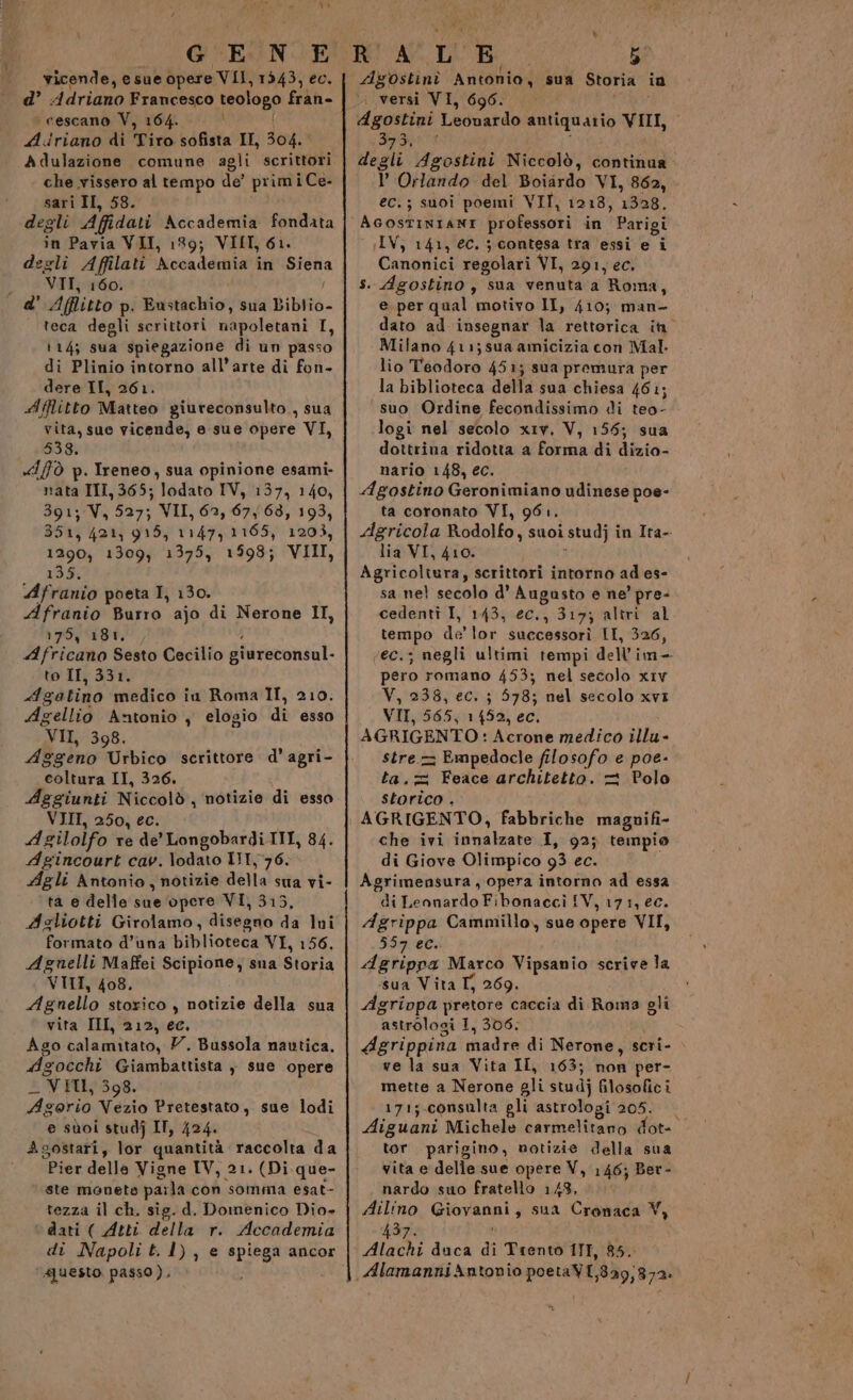 vicende, e sue opere VII, 1343, ec. cescano V, 164. , Airiano di Tiro sofista II, 304. Adulazione comune agli scrittori che vissero al tempo de’ primi Ce- sari II, 58. degli Affidati Accademia fondata in Pavia VII, 189; VIII, 61. degli Affilati Accademia in Siena VII, 160. d' Affitto p. Eustachio, sua Biblio- ‘teca degli scrittori napoletani I, 114; sua spiegazione di un passo di Plinio intorno all'arte di fon- dere II, 261. Affitto Matteo giureconsulto, sua vita, sue vicende, e sue opere VI, 538. 10 p. Ireneo, sua opinione esami- nata III, 365; lodato IV, 137, 140, 391; Va 527; VII, 62, 67, 63, 193, 351, 421, 915, 11473 1165, 1203, 1290, 1309, 1375, 1598; VIII, 13.9: Afranio poeta I, 130. Afranio Burro ajo di Nerone II, 175, 181. «Africano Sesto Cecilio giureconsul- to II, 331. Agatino medico iu Roma II, 210. Agelliò Antonio , elogio dî'esso va, 398. Aggeno Urbico scrittore d’ agri- coltura II, 326. Aggiunti Niccolò, notizie di esso VIII, 250, ec. Agilolfo re de’ Longobardi IIT, 84. Agincourt cav. lodato 131,76. Agli Antonio, notizie della sua vi- ta 0 delle'sue opere VI, 315. Asgliotti Girolamo, disegno da lui formato d’una biblioteca VI, 156. Agnelli Maffei Scipione, sua Storia VIIT, 408. Agnello storico , notizie della sua vita III, 212, ec. Aso calamitato, Y°. Bussola nautica. Agocchi Giambattista , sue opere Vit, 398. Aserio Vezio Pretestato, sue lodi e sùoi studj IT, 424. Agostari, lor quantità raccolta da Pier delle Vigne IV, 21. (Di que- ‘ste monete parla con somma esat- tezza il ch. sig. d. Domenico Dio- ‘dati ( Atti della r. Accademia di Napoli t. 1), e spiega ancor questo passo). Mi; Agostini Antonio, sua Storia in ». versi VI, 696. Agostini Leonardo antiquario VIII, E E, degli Agostini Niccolò, continua Orlando del Boiardo VI, 862, ec.; suoi poemi VII, 12 18, 358. IV, 141, ec. 3 contesa tra ‘essi e i Canonici regolari VI, 291, ec. s. Agostino, sua venuta a Roma, e. per qual motivo II, 410; man- dato ad insegnar la rettorica in” Milano 411; sua amicizia con Mal. lio Bat dora 451; sua premura per la biblioteca della sua chiesa 461; suo Ordine fecondissimo di teo- logi nel secolo xiv. V, 155; sua dottrina ridotta a forma di dizio- nario 148, €c. Agostino Geronimiano udinese poe- ta coronato VI, 961. Agricola Rodolfo, suoi studj i in Ita- lia VI, 410. Agricoltura, scrittori intorno ad es- sa nel secolo d’ Augasto e ne’ pre- cedentî I, 143, ec., 317; altri al tempo de’ lor successorì II, 326, ‘ec.; negli ultimi tempi dell'im- pero romano 453; nel secolo xiv V, 238, ec. ; 578; nel secolo xvi VII, 565, 1452, ec, AGRIGENTO: Acrone medico illu- stre. Empedocle filosofo e poe- ta.= Feace architetto. 2 Polo storico , che ivi innalzare I, 93; tempio di Giove Olimpico 93 ec. Agrimensura , opera intorno ad essa di Lennardo Fibonaccì IV, 17 11 ec. Agrippa Cammillo, sue opere VII, 557 ec. Agrippa Marco Vipsanio scrive la sua Vita I, 269. Agrivpa pretore caccia di Roma gli astrologi 1, 306. È Agrippina madre di Nerone, scri- &gt; ve la sua Vita IL 163; non per- mette a Nerone gli studj filosofici 171; consulta gli astrologi 205. Aiguani Michele carmelitano dot- tor parigino, notizie della sua vita e delle sue opere V, 146; Ber- nardo suo fratello 1/8, Ailino Giovanni, sua Cronaca V 437. Alachi duca di Trento III, 85. AlamanniAntonio poetaVI, 829,872