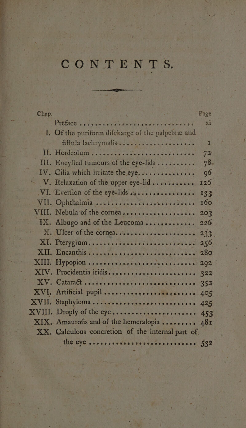 AA a CG Nor Be rs. Chap. . Page PIRIACO 00 Rigi VRE Mae de wee orale oe 8 ee Rh I. Of the puriform difcharge of the palpebre and fiftula lachrymalis-. vici, eras saps eed EESPIOGICOMOnZ eri mh Kars Pathol all aor III. Encyfted tumours ’of the eye-lids ...4...... 78. IV. Cilia which irritate the.eye... apie igs ‘. V. Relaxation of the upper eye-lid......ce006 126. IVI. CE verfiori of the-eyeulids oo... Ss ss ce 133 Wil. Ophihalmia:. jks. a ece&gt; et ys veeeeeeeees 160 VII. Nebula of the SORTED Ue econ yd ive PAE ee 203 IX. Albugo and of the Leucoma .... 00001000, 226 Ae RACED OF TE COPMEAS ity ie ieri 238 * TORE PARIOLI TR RIETI Ne 256 LP pcanthis fcc.) bk pa La dl Aia bia lo icp ee mat tt», XIII. FIFDODIOD Laine 292 DIV UAOCIGCHIIAITIGIN E Re coevee 32% GR RTP wats A IA A GL XVI, Artificial pupil...0...00r0000000 0000000 405 XVI. Staphyloma.... 0.00.00 0000000 0000000000 425 XVIII. Dropfy of the eye... 1.000 0000000000000 453 | XIX. Amaurofis and of the hemeralopia......... 481 XX. Calculous concretion of the internal part of. the eye ser r0rr0v0esiossere0rece0000 532 -~