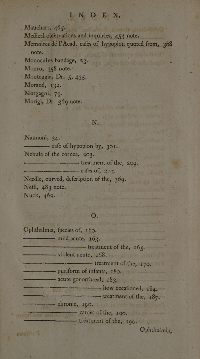 . Mauchart, 46 ga Sa Medical obfetvations Pag inquiries, 453 note. Memoires de l’Acad. cafes of hypopion quoted from, . 308 note. | Monoculus bandage, 23... ie f Monro, 258 note.’ Monteggia, Dr. 5, 435: Morand, 132. Morgagni, 79. Morigi, Dr. 369 note. oe Nannoni, 34.° cafe of hypopion by, 301.. Nebula of the cornea, 203. treatment of the, 209. . cafes of, 215. Needle, curved, defcription of the, 369. Nefli, 483 note. Nuck, 462. | O. Ophthalmia, fpecies of, 160. oe mild acute, 163. treatment of the, 165. — — violent acute, 168. OS -——. treatment of the, »170, puriform of infants, 180. acute gonorrheeal, 183. De ~ how occafioned, 184. ——— treatment of the, 187. chronic, 190. | ten _—_ _—_n ———————@ de $ reo 7 - caufes of the, 190. a treatment of the, rgo. : | Ophthalmia,