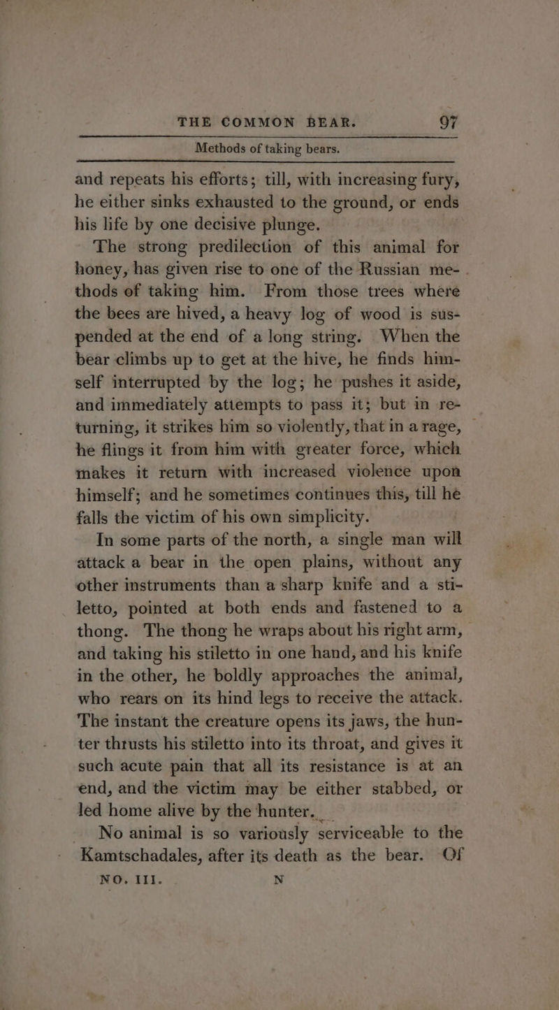 Methods of taking bears. and repeats his efforts; till, with increasing fury, he either sinks exhausted to the ground, or ends his life by one decisive plunge. The strong predilection of this animal for honey, has given rise to one of the Russian me- - thods of taking him. From those trees where the bees are hived, a heavy log of wood is sus- pended at the end of a long string. When the bear climbs up to get at the hive, he finds him- self interrupted by the log; he pushes it aside, and immediately attempts to pass it; but in re- turning, it strikes him so violently, that in arage, — he flings it from him with greater force, which makes it return with sdereaned violence upon himself; and he sometimes continues this, till he falls the victim of his own simplicity. In some parts of the north, a single man will attack a bear in the open plains, without any other instruments than a sharp knife and a sti- letto, pointed at both ends and fastened to a thong. The thong he wraps about his right arm, - and taking his stiletto in one hand, and his knife in the other, he boldly approaches the animal, who rears on its hind legs to receive the attack. The instant the creature opens its jaws, the hun- ter thrusts his stiletto into its throat, and gives it such acute pain that all its resistance is at an end, and the victim may be either stabbed, or led home alive by the hunter.___ No animal is so variously serviceable to the Kamtschadales, after its death as the bear. Of NO. II. . N