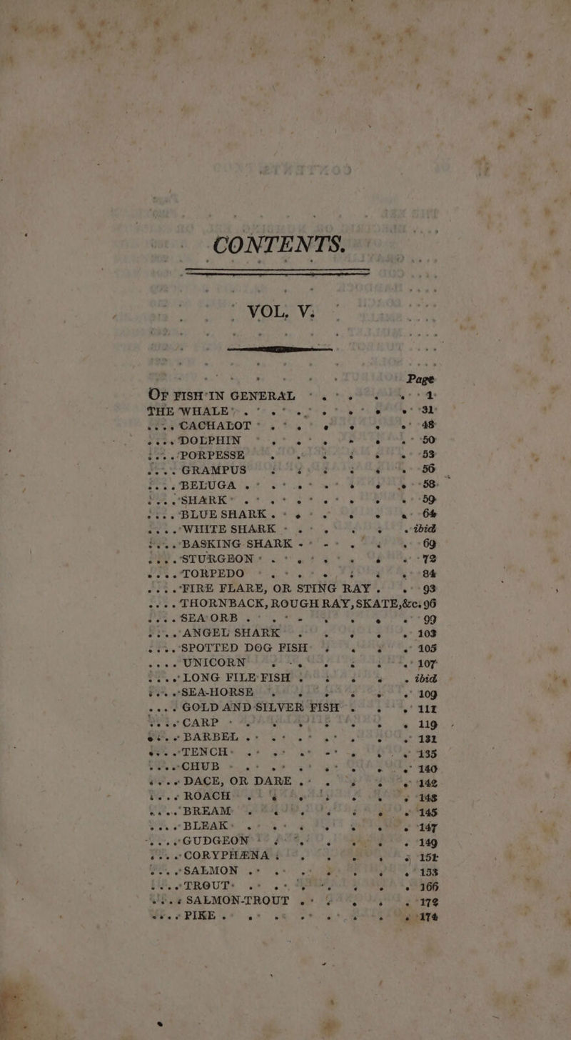 - ° % » , * 4 CONTENTS. VOL, V3 va ae ene ane OF FISH‘IN GENERAL *.°* 2. 6 wt 1 Pere CAGUADOT *) sot 5) ee Te 48 Freevmorrnis (8: )e* eo? eee 3+ « PORPESSE eel tae ae Mn eis i a ee es GRAMPUS : é é : eae, 2... BELUGA as | 8) a ee e eile PP GHARE 6 8-59 a8 et) pe AR 2 BLUE SHARK... “ ¢ . ° ° e -. .“WHITE SHARK + 2°, MS 4) od +. BASKING SHARK -* -* .° YP STURGBON: 2% et et w VS «. «TORPEDO be Fhe Fe Eg ee ... FIRE FLARE, OR STING RAY. .° 93 -+-. THORNBACK, ROUGH RAY, SKATE, &amp;c. 96 Vee « SEALORS | Ae ° . e e 99 % ANGE SHARE 24 &lt;” VOL L12.. 999 .». SPOTTED DOG FISH’ . . &amp;° .° 105 .+.. UNICORN * fan Magnet hatha’ slater. ‘sumably . LONG FILE'FISH 3° 3 3 Sw. tid FE SEAHORSE Ae ep AO fh OCS Es ao .... GOLD AND SILVER PIs Sp me OTe WS CARP « APG RtRUTIE TAREQ . ti9 oe. BARBED -.* 6 se * 9 os : - 132 Cee wt LENCE. «% «5 Ge wt ~y ce +7 &gt; See [R -CHUB ©. 6+ ce s* i ge GOR COG. aay 3 &amp; &amp; eo ¢ we © = e si. « DACE, OR DARE .« 2. 6’) °°) F.&gt; ae We. ¢ ROACH hE Attyl , egge (02... BREAMe 5g) Big UD Oy A aang oes o BLBARS oe 5 « a P5e'* Se ay SS, pGUDGEOR T° ACG 70 51 GRRRENS &gt; 34g UE... CORY PEAN Ath fo 2 CRANK 5 ae 7. “SALMON «2 .* 5s eer eye, Page J. SALMON-TROUT + 4 17% ov. + PIKE . “Od ° 7 a”. ea) o ‘174 SSSR