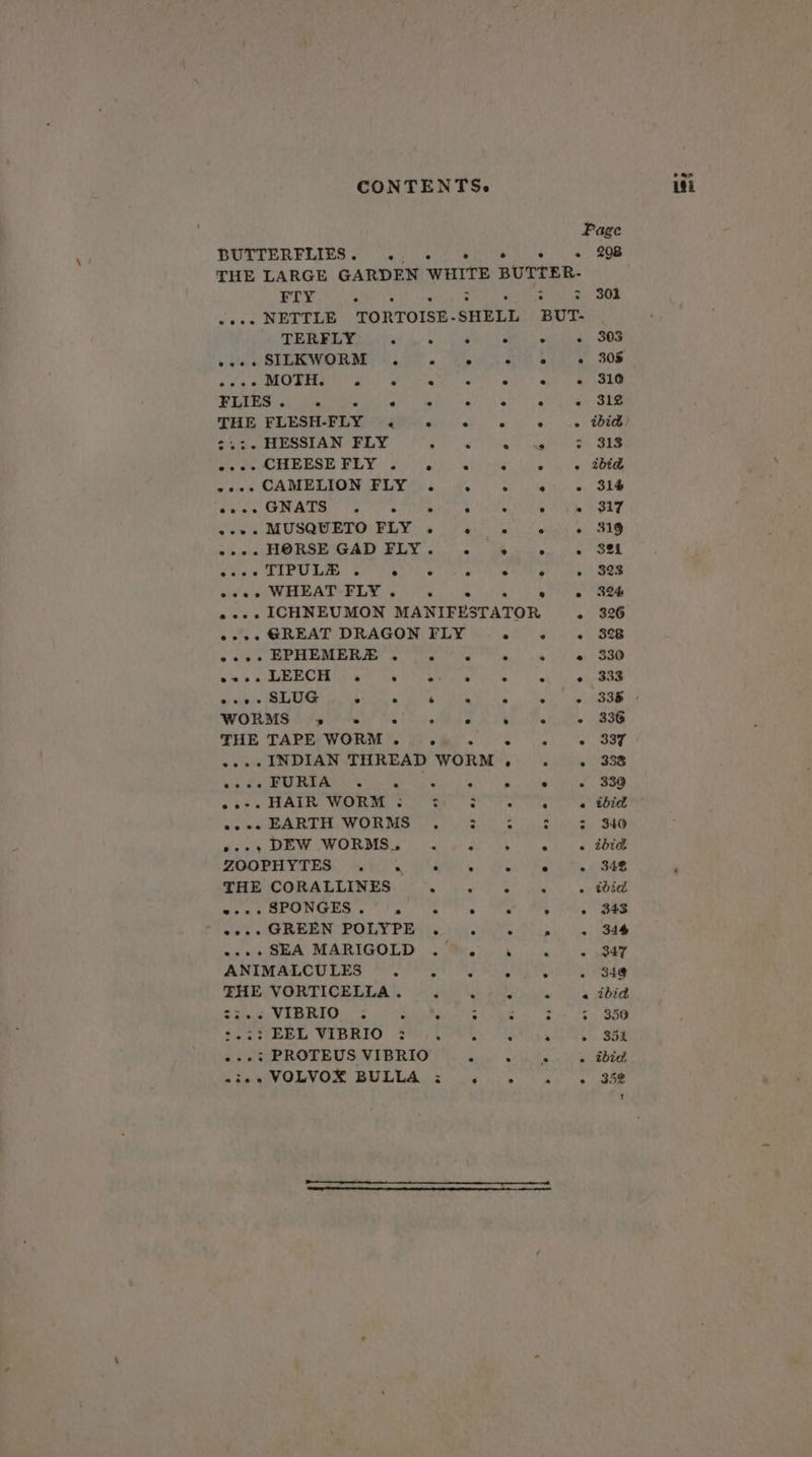 BUTTERFLIES. . REY . : TERFLY : esee SILKWORM .. se sO Rebate ae) FLIES. . . : THE FLESH-FLY . ¢.:. HESSIAN FLY e.e. CHEESE FLY .« e+. CAMELION FLY eee GNATS . . .-». MUSQUETO FLY -»-. HORSE GAD FLY sees LIPULE . ° ecee WHEAT FLY . . n BUT- ees.» EPHEMERA . eee. LEECH « ° eve SLUG ° ° WORMS » -« : THE TAPE WORM . «ose FURIA . : «.-. HAIR WORM : «.+. EARTH WORMS »-», DEW WORMS. ZOOPHYTES . a“ THE CORALLINES wee. SPONGES.” '. ee.. GREEN POLYPE -..- SEA MARIGOLD ANIMALCULES . FHE VORTICELLA . 33.6 VIBRIO : $.23, EBL VIBRIO 2 --.3 PROTEUS VIBRIO «ie VOLVOX BULLA ° ° on eo * 298 301 303 308 310 312 ibid 313 ibid 314 317 319 3a 323 324 326 328 330 333 336 337 338 on ish