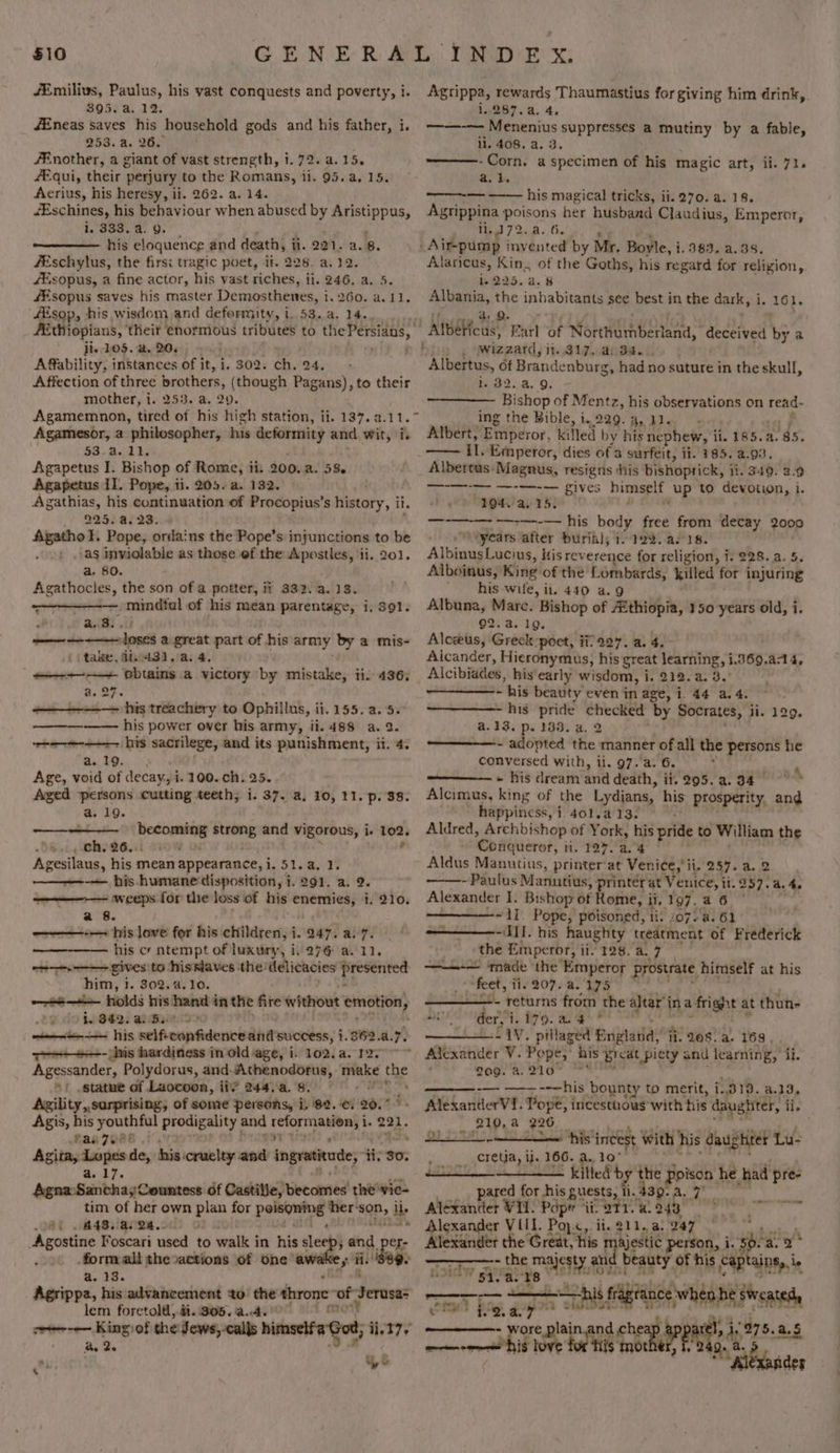 $10 fEmilius, Paulus, his vast conquests and poverty, i. 395. a. 12. fEneas saves his household gods and his father, i. 253. a. 26. ' /Enother, a giant of vast strength, 1. 72. 4.15. Equi, their perjury to the Romans, ii. 95.a. 15. Aerius, his heresy, ii. 262. a. 14. Eschines, his behaviour when abused by Aristippus, 1.'335. 8° 9. his eloquence and death, ii. 221. a. 8. #Eschylus, the firsi tragic poet, i. 228. a. 12. fEsopus, a fine actor, his vast riches, ii. 246, a. 5. fEsopus saves his master Demosthenes, i. 260. a. 11. fEsop, his wisdom and deformity, i. 53. a, 14. li. 105. a. 20, Affability, instances of it, i. 302. ch. 24. Affection of three brothers, (though Pagans), to their mother, i. 253. a. 20. Agamesor, a philosopher, his deformity and wit, i. 53.a. 11. Agapetus I. Bishop of Rome, ii. 200. a. 58. Agapetus II. Pope, ti. 205. a. 132. Agathias, his continuation of Procopius’s history, 3 ii. 225) af23. Agatho lI. Pope, ordains the Pope’s injunctions to be as inviolable as those ef the Apostles, ii. 201. a. 80. Agathocles, the son of a potter, ii 332. a. 138. a nana of his mean parentage, i. S91. a3. . loses a great part of his army by a mis- take. di431,a. 4, ++ pbiains a victory by mistake, ii. 436. a. 27 ae “his treachery to Ophillus, i ii. 155. a. 5. —————- his power over his army, ii. 488 a. 2. ————— his sacrilege, and its punishment, it. 4. Be) EB i, Age, void of decay, i. 100. ch. 25. Aged ‘persons cutting teeth; i. 37. a. 10, 11. p. 38. a. 19. par es. ee and vigorous, ie to2: » i hs 26. : Agesilaus, his mean appearance, eS -— his humane'disposition, i. 291. a. 2. —--— weeps for the loss of his enemies, i. 210. a 8. ——-— his love for his children, 1.947. aby. his cr ntempt of luxury, i i276 a. 11, H+ gives to hisslaves the’ delicacies presented him, i. 302.4. 10. seis fiolds his hand in the fire without emotion, 2 do $9062! aa Buitio ———+--— his self-confidence and success, 1 1.869.4.7. at -- his hardiness in old age, i. 102. a. P20 Agessander, Polydorus, and. Athenodorus, ime the *) statue of Laocoon, ii? 244. a. 8. ‘ ; Agility, surprising, of some persons, i, '$2.-¢. 96. Agis, his youthful prodigality and idk ses} i. 221. Man Zee... Agita, Lopes de, his cruelty and ingratinude, ii: $0: a. 17. Agna Sancha,Countess of Castille, lected! the 'vic- tim of her own plan for pene her: bye ii. O80 8 48iigeen.cul) 0 ae Agostine Foscari used to wall § in his sle op .formall the &gt;cactions of one a a. 13. Agrippa, his advancement to the dhrone of” Jerusae lem foretold, di. 308. a..4. i mo? and er: He 9. 7 se “ ee ey &amp; Agrippa, rewards Thaumastius for giving him drink, 1..287.48. 4. ~——-— Menenius suppresses a mutiny by a fable, li. 408. a. 3. ; -Corn. a specimen of his magic art, ii. 71. a. i. his magical tricks, ii. 270. a. 18. Agrippina poisons her husband Claudius, Emperor, il, d72. a. 6. 1.383, a.38, Alaricus, Kin, of the Goths, his regard for religion, ¥225. 4,8 Ae ne inhabitants see best i in the dark, i i. 161. AthéHcus, 5 Farl of Wanmannberana op by a ; wizzatd, MiP vanse is ¢ Albertus, of Brandenburg, had no suture in the skull, i, 82.4. 9. Bishop of Mentz, his observations on read- ing the Bible, i.229.4, 21... Albert, Emperor, killed by his nephew, ii. 185.2. 65. _—— il. Emperor, dies of a surfeit, ii. 185. 2.93. Albertus: Magnus, resigns his bishoprick, 11. 349. 2.9 gives himself Up’ devotion, 1. 194. a, 15, —-—-—- ——-— his body free from ‘decay 2000 ‘years after burial; 1.1922. als. Aliweeteane, His reverence for religion, i, 228. a. 5. Alboinus, King of the Lombards, killed for injuring ' his -wife, ii. 440 a. 9 Albuna, Marc. Bishop of Athiopia, 150 years old, i. 92. a. 19. Aloeus, Greck-poet, ii/227. a. 4, Alcander, Hieronymus, his great learning, i. 969. a4, Alcibiades, his early wisdom, i. 212. a. 3. - his beauty even in age, i. 44 a.4 - his pride checked by Socrates, li. 129, a.13. p. 138. a. 2 ~ adopted the manner ofall the persons he conversed with, ii. 97. a. 6. 2 - his dream and death, it. 295.a.94 °° Alcimus, king of the Lydians, his Prosperity, and happiness, i. 401,413. | Aldred, Archbishop of York, his pride to William the Ch Attuerot, nM. 197.'a.°4 Aldus Manutius, printer'at Venice, ii. 257. a. 2 -Paulus Manutius, intér at Venice, i 11.257. a. 4. Alexander I. Bishop of Hotint? ii, 197.4 6 © | ~11. Pope, poisoned, ti. 207+ a. 61 -Ill. his haughty treatment of Frederick the Emperor, it, 128. a. 7 ———-— ‘made the Emperor prostrate himself at his er 2807/82 35 Ye - returns from the altar’ | ina fright at thun- ae der, io: age nad pillaged Englatid, ii. 20S. a. 169, Alexander V. Pope,’ his Breat piety ond learning, il. 209; a: 216 ™ -— ——--—his bounty to merit, i. 313. a.13, AlexanterVI. Pope, incestuous with his daughter, ii. _ 210, 226 e his” incest with his daughter Lu- cretia, i. 16. idiled't by the poison he ai pre ared for his guests, 1 ii. 439. i it Alexander VII. Pope ii ot a.odg Alexander VUL. Pope, it. 211.4. g47 Alexander the Great, his majestic person, i. $oo8 3 7 gee the maU SSR and beauty, of his didlos aw 51. a. 18 ; his fence wee he Seated, bag gop oh 4 4978. a5 ime? Be 19.8 TA ste: - me ree t.” “2, rg ——Foreateinand eeee Ee