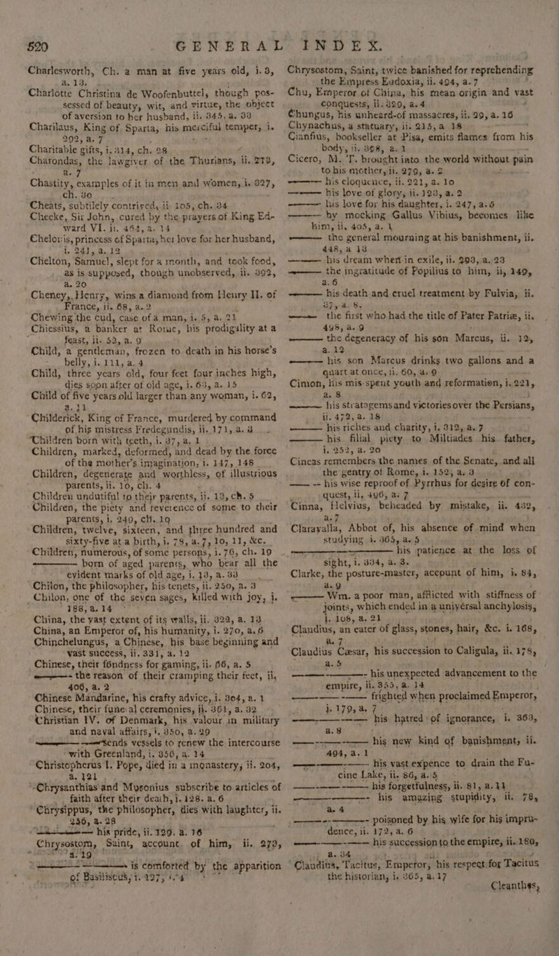 Charlesworth, Ch. a2 man at five years old, 1.3, a.13, ; Charlotte Christina de Woofenbuttel, though pos- sessed of beauty, wit, and virtue, the object of aversion to her husband, ii. 345, a. 38 Charilaus, King of, Sparta, his mesciful temper, i. 202, 4a.7 Charitable gifts, i. 314, ch. 28 ft Charondas, the lawgiver of the Sa a ii, 213, a. J Chastity, examples of it in men and women, i. 827, ch. 8o Cheats, subtilely contrived, ii: 105, ch. 34 Cheeke, Six John, cured Py me prayers of King Ed- ward VI. ii. 464, Chelor i princess Sf Spartay! her Jove for her husband, . 24),.a..12 Chelton, Samuel, slept fora month, and ‘took food, as is supposed, though unobserved, ii. 399, a. 20 Cheney,. Henry, wins a diamond from Henry Il. of France, i ii. 68, a. 2 Chewing the cud, case of a man, i. 5, a. a1 Chiessius, a banker at Rome, his prodigality at a feast, jie 52, a. 9 Child, a gendemsny frozen to death in his horse’s belly, i. 111, a.4 Child, three years old, four feet four inches high, dies soon after of old age, 1.63, a. 15 Child of Me years old larger than any woman, i. 62, a, Childerick, King of France, murdered by command of his mistress Fredegundis, il..171, a. a Thildren born with teeth, i. 37, a, 1 Children, marked, deformed, and dead by the force of the mother’ s imagination, 1. 147, 148 Children, degenerate and worthless, of illustrious parents, ii. 10, ch. 4 Children undutiful to thejr parents, ii. 13, ch. 5 Children, the piety and reverence of some to their parents, i, 249, ch. 19 Children, twelve, sixteen, and three hundred and sixty-five at a birth, 1. 78, a. 7,10, 11, &amp;c. Children, numerous, of some persons, 1.76, ch. 19 born of aged parents, who bear all the evident marks of old age, i, }3, a. 33 Chilon, the philosopher, his tenets » ii. 250, a. 3 Chilon, one of the seven sages, killed with joy, i. 188, a.14 China, the yast extent of its walls, li. 322, a. 13 China, an Emperor of, his humanity, i i. 270, a.6 Chinchelungus, a Chinese, his base beginning and vast success, ii. 331, a. 12 Chinese, their fondness for gaming, ii. 66, a. 5 «#———- the reason of their cramping their feet, ii, 406, a. 2 @hinese Mandarine, his crafty advice, i i. 804, a. 1 Chinese, their fane:al ceremonies, ji. 361, a. 32 Christian 1V. of Denmark, his valour in military and naval affuirs, i. 350, a.29 meena Fe We vessels to renew the intercourse with Greenland, i. 356, a. 14 CA atoherds t Pope, died in a monastery, ii. 204, a. 421 . -Chrysanthias and Mysonius subscribe to articles of faith after their death, i. 128. a. 6 Chrysippus, the philosopher, dies with aiid ile vs 246, 4.2 te his pride, ii. 129, a. 16 Chrysostom, Saint, account of him, ii. 279, ew vragnad. 0 : ————» is comforted by the apparition of Basiliscus, T9975 46 4 i Chrysostom, Bainnty twice banished for reprehending the Empress Eudoxia, li. 494, a.7 Chu, Emperor of Chipa, his mean origin and vast conquests, li. 329, a. 4 Chungus, his unheard-of massacres, ii. 29, a. 16 Chynachus, a statuary, ii. 215,a 19 Cianfius, bookseller at Pisa, emits flames from his body, ii. 898, a. 1 Cicero, oe brought into the world without pain to his mother, i hi. 279, a. 2 -~—--— his eloquence, ii. 221, a. lo —-—— his love of glory, ii. 193, a. 2 ———— his love for his daughter, i. 247, a.5 by mocking Gallus Vibius, becomes like him, li, 405, a. ], w——— the general mourning at his banishment, ii. 448, a 13 ————— his dream whert-in exile, ii. 203, a..23 —w—— the ingratitude of Popilius to him, ii, 149, a.6 ~-——— his death and cruel treatment by Fulvia, ii. 37 74. b. ——— the first who had the title of Pater Patria, i ite 498, 4.9 re degeneracy of his son Marcus, i. ‘ii a.12 his son Marcus drinks two gallons. and a quart at once, 11. 60, a. 9 Cimon, his mis-spent youth and reformation, i.221, a. 8 his stratagems and victories over the Persians, U.472, 2..18 ——— his riches and charity, 1. 312, a, 7 his filial piety to M iItiades his father, i. 252, a. 20 Cincas remembers the names of the Senate, and all the gentry of Rome, 1. 152, a. 3 —— -- his wise reproof of Pyrrhus for desire of con- quest, li, 496, a: 7 Cinna, Helvius, beheaded by mistake, ii. 432, an? Clarayalla, Abbot of, his absence of mind when studying +. 363, a. 5 , his patience at the loss of sight, ; i. 3bo4, a. 3. Clarke, the posture-master, account of him, » 84, a.Q ———_—— Wm. a poor man, afflicted with. stiffness of joints, which ended i in a uniyérsal anchylosis, 1. 108, a. 21 Clandius, an eater Of glass, stones, hair, &amp;c. i. 168, &amp;. 7 Claudius Cesar, his succession to Caligula, ii. 178, a.5 ee ee - his unexpected advancement to the empire, ii. 355,a. 14 Lepomis ovanes Anehees when proclaimed Emperor, j. 179, a. 7 ———-—— --— his hatred of ignorance, i. 363, a. 9 — --—- --—— his new kind of banishment, ii. 494, a.1 ——-——-—— his vast expence to drain the Fu- . cine Lake, i iil, 86, a. 5 set sepemrens eee, OA forgetfulness, i ii. 81, a.31 a. 4 —- his amazjng stupidity, ii, 78, ——- poisoned by hig wife for his impru- dence, ii. 172, a. 6 ——--——--—— his succession to the empire, ii. 18a, B34. i's qolt whi ¢ tJ citus, Emperor, his respect for Tacitus the historian, 1. ¥65, a.17 Cleanthes,