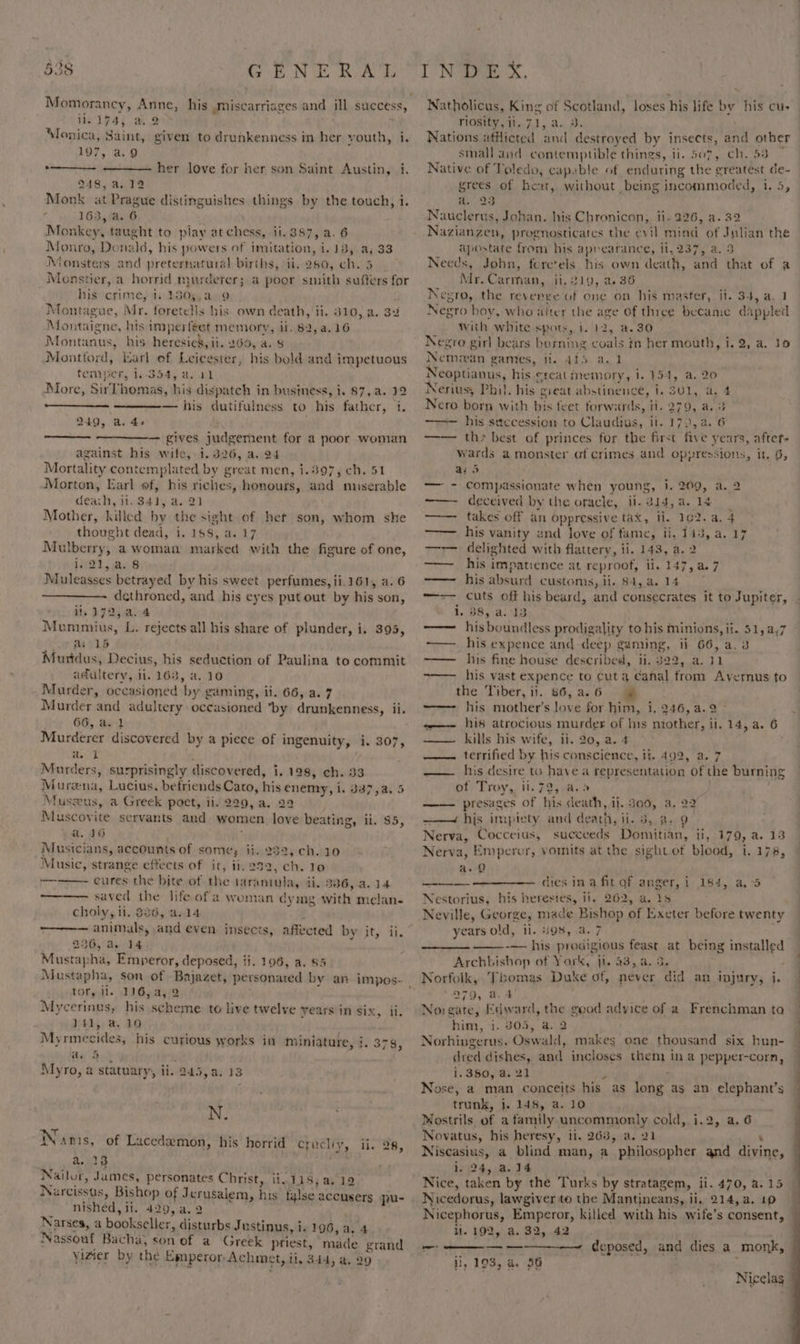 Hepa; an 2 Monica, Saint, given to drunkenness in her youth, i. 107, a.9 . her love for her son Saint Austin, i. 948, .a,.12 Monk at Prague distinguishes things by the touch, i. mee Monkey, taught to play atchess, ii.387, a. 6 Monro, Donald, his powers of imitation, i. 13, a, 33 Monsters and preternatural births, ii. 260, ch. 5 Menstier, a horrid murderer; a poor smith sufters for his crime, is 1305,a. 9 Montague, Mr. foretells his. own death, ii. 810, a, 32 Montaigne, his impeifeet memory, ll. 82,a,16 Montanus, his heresies’, ii. 260, a. $ Monttord, Larl of Leice ester, his bold and impetuous temper, 1.:354, a. 11 Rlore, SirThomas, his dispatch in business, i. $7, a. 12 ———— — his dutifulness to his father, i. 249, a. 4. gives judgement for a poor woman against his wife, i.326, a. 94 Mortality contemplated by great men, 1.397, ch. 51 Morton, Earl ef, his riches, honours, and miserable deat, ii. 841) a. 21 Mother, killed by the sight of het son, whom she thought deac d, i, 18S, a. 17 Mulberry, a woman marked with the figure of one, i. 2), a. 8 Muleasses betrayed by his sweet perfumes, ii.161, a. 6 dethroned, and his eyes put out by his son, ~I78, a4 Moeuiniaa L. rejects all his share of plunder, i. 395, me 15 Murtdus, Decius, his seduction of Paulina to commit adultery, i ll. 163, a. 10 Murder, occasioned by gaming, ii. 66, a. 7 Murder Ks adultery occasioned ‘by drunkenness, ii. 66, au1 Murderer discovered by a piece of ingenuity, i. 307, a. 1 Murders, surprisingly discovered, i, 128, ch. 33 Murena, Lucius, befriends Cato, his enemy, i. 337,a, 5 Museeus, a Greek poet, ii. 229, a. 229 eee servants and women love beating, ii. $5, ~ 26 Moscinns, accounts of some; ii. 232, ch. 10— Music, strange effects of it, ii. ch. lo cures the bite of the tarantula, ii. 386, a. 14 saved the life ofa woman dymg with melan- choly, ii. $86, a.14 . animals, and even insects, affected by jt 5 aie ; Mustapha, Emperor, deposed, fi. 106, a. $5 Mustapha, son of Bajazet, personated by an impos. tor, li. 1)6,a, 9 Mycerinus, his scheme to live twelve years'in six, il. ore 232, ’ ll. 23 141, a 10 Myrmecides, his curious works in miniature, i. 378, ae 5 Myro, a statuary, ii. 245, a. 18 N. tN aris, of Lacedemon, his horrid crucliy, il. 28, -13 Natick: Jumes, personates Christ, ii, 118, a, 19 Narcissus, Bishop of Jerusalem, his false accusers pu- nished, li, 420, a.2 Narses, a bookseller, disturbs Justinus, i ie 196, a, 4 Nassouf Bacha; son of a Greek priest, made grand Vizier by the Empéton Achme ct, il, B44, a. 29 Natholicus, King of Scotland, loses his life by his cu- riosity, it. 7.1, a. 3. Nations afflicted and destroyed by insects, and other small and contemptible things, ii. 507, ch. 53 — Native of Toledo, capable of enduring the greatest de- grees of het, without being incommoded, LAs a. 23 Nauclerus, Johan. his Chronicon, ii- 226, a. 32 Nazianzen, pregnosticates the evil mind of Julian the apostate from his aprearance, 1,237, a. 3 Needs, John, feretels his own death, and that of a Mr. Carman, ii. 219, a. 36 Negro, the revenge of one on his master, it. 34, a. 1 Negro boy, who aiter the age of three became dappled With white spots, 1. 12, a.30 Negro girl bears burning coals in her mouth, i, 2, a. lo Nemrean games, il. 415. a.1 Neoptianus, his «reat memory, 1. 154, a. 20 Neriuss Phil. his great abstinence, i. 301, a, 4 Nero born with bis feet forwards, ii. 279, a. 3 his sccession to Claudius, li. 172, a. 6 —— th» best of princes for the first five years, aftet- wards a monster of crimes and oppressions, it. 6, ai 5 — - Compassionate when young, i. 209, a. 2 ——- deceived by the oracle, ii. B14, a. 1s —— takes off an oppressive tax, Ii. 102; a, 4 —— his vanity and love of fame, acd ae da ee —-— delighted with flattery, ii. 143, a,2 —— his absurd customs, li. 84, a. 14 i. 38, a.-13 — Wialuiiadicn prodigality to his minions, it. a Ay7 ~——. his expence and deep gaming, 1 66, ~—— his fine house described, ii. 322, a. ‘hs -—— his vast expence to cut 4 eanal from Avernus to the Tiber, ii. 86, a. 6 -——- his mother’s love for him, i, 246, a.2—- e-—— his atrocious murder of Ins miother, ii. 14, a. 6 kills his wife, ii. 20, a. 4 —— terrified by his conscience, ii. 492, a. 7 his desire to have a representation Of the burning ot Troy, ii. —— presages of his death, i li. 300, a. 22 —— hjs impiety and death, il. 3, a. 9 Nerva, Cocceius, succeeds Domitian, 11,179, a. 13 Nerva, Emperor, vomits at the sight of blood, 1, 178, a.Q Sachin dies in a fit of anger, i 184, a.5 Nestorius, his heresies, ii. 262, a. 35 Neville, George, made Bishop of Exeter before twenty years old, ii. 498, a. 7 -— his prodigious feast at being installed Archbishop of York, jt. 43, a. 3, : Norfolk, Thomas Duke of, never did an injury, i. 279, a. 4 Norgate, Edward, the good advice of a Frenchman ta him, i. JOS, a. 2 Norhingerus, Oswald, makes one thousand six hun- dred dishes, and incloses them in a pepper-corn, 1.380, a. 21 Nose, a man conceits his as fone” as an elephant’s trunk, j. 148, a. 10 Mostrils of a family uncommonly cold,.i.2, a. 6 Novatus, his heresy, ii. 268, a. 21 : Niscasius, a blind man, a philosopher and divine, i. 24, a. 14 Nice, taken by the Turks by stratagem, ii. 470, a.15 Nicedorus, lawgiver to the Mantineans, ii. 214,a. 19 ed ——— $84 a. li. 192 a. 325,42 ——-——--—~ deposed, and dies a ‘monk, 11, 193, a. 5G