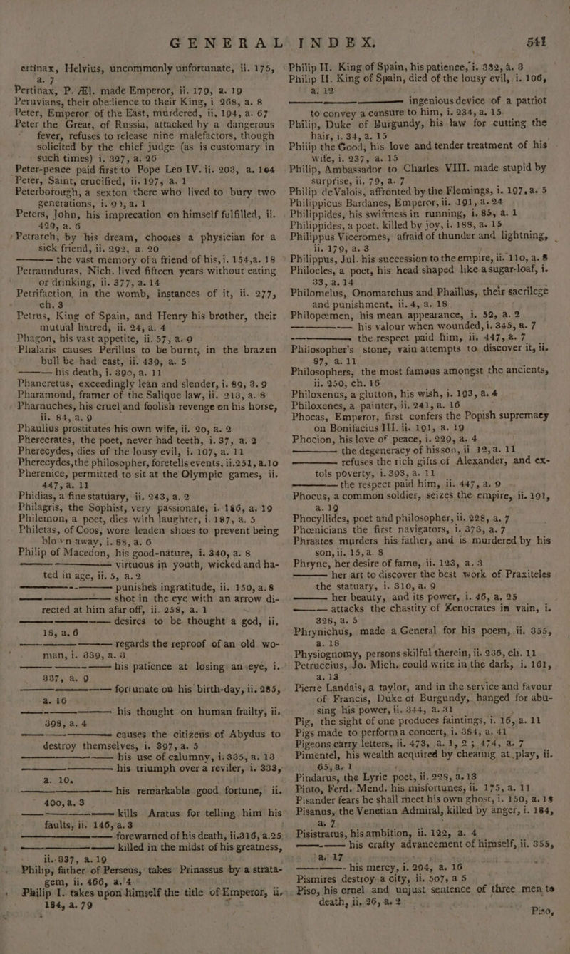 a. 7 Pertinax, P. AZ]. made Emperor, ii. 179, a. 19 Peruvians, their obedience to their King, i 268, a. 8 Peter, Emperor of the East, murdered, ii, 194, a. 67 Peter the Great, of Russia, attacked by a dangerous fever, refuses to release nine malefactors, though solicited by the chief judge (as is customary in such times) i.'327, a. 26 Peter-pence paid first to Pope Leo IV. ii. 203, a. 104 Peter, Saint, crucified, ii.197, a. 1 ; Peterborough, a sexton there who lived to bury two generations, i. 9), a. 1 Peters, John, his imprecation on himself fulfilled, ii. 429, a. 6 Petrarch, by his dream, chooses a physician for a sick friend, ii. 292, a. 20 ; — the vast memory ofa friend of his,1. 154,a. 18 Petraunduras, Nich. lived fifteen years without eating or drinking, ii. 377, a.14 Petrifaction, in the womb, instances of it, ii. 277, ch. 3 ; Petrus, King of Spain, and Henry his brother, their mutual hatred, ii. 24, a. 4 Phagon, his vast appetite, ii. 57, a. 9 bull be had cast, ii. 439, a. 5 — his death, i. 8390, a. 11 Phaneretus, exceedingly lean and slender, i. 89, 3. 9 Pharamond, framer of the Salique law, ii. 213, a. 8 Pharnuches, his cruel and foolish revenge on his horse, Ue. 84, a.9 Phaulius prostitutes his own wife, ii. 20, a. 2 Pherecrates, the poet, never had teeth, 1.37, a. 2 Pherecydes, dies of the lousy evil, i. 107, a. 11 Pherecydes, the philosopher, foretells events, ii.251, 4.10 Pherenice, permitted to sit at the Olympic games, ii. 447,a. 11 Phidias, a fine statuary, ii. 243, a. 2 Philagris, the Sophist, very passionate, i..186, a. 19 Phileinon, a poet, dies with laughter, i. 187, a. 5 Philetas, of Coos, wore leaden shoes to prevent being blown away, i. 88, a. 6 Philip of Macedon, his good-nature, i. 340, a. 8 nanan — virtuous ip youth, wicked and ha- ted in age, ii. 5, a.2 —_—_—-- punishes ingratitude, ii. 150, a.8 shot in the eye with an arrow dj- rected at him afar off, ii. 258, a. 1 —— desires to be thought a god, ii. 18, a.6 ee man, i. 339, a. 3 ~—-— his patience at losing an eye, i. 337, a. 9 foriunate on his birth-day, ii. 285, a. 16 —_- ——— his thought on human frailty, ii. 398, a. 4 eee causes the citizens’ of Abydus to destroy themselves, i. 397, a. 5 his use of calumny, i:335, a. 13 a. 10, —his remarkable good fortune, ii. 400,4a,3 _ faults, ii. 146,a.3 ~—— forewarned of his death, ii.316, 4.25 —— killed in the midst of his greatness, il..3837, a.19 Philip, father of Perseus, takes Prinassus by a strata- gem, li. 466, a.'4 ——— 184,.a.79 = 54% Philip II. King of Spain, died of the lousy evil, i. 106, a. 12 toot ————_ ingenious device of a patriot to convey a censure to him, i. 234, a, 15. Philip, Duke of Burgundy, his law for cutting the hair, 1.34, 4.15 : Phiiip the Good, his love and tender treatment of his wife, i. 237, a 15 Philip, Ambassador to Charles VIII. made stupid by surprise, il. 79, a» 7 Philip deValois, affronted by the Flemings, i. 197.4. 5 Philippicus Bardanes, Emperor, il. 191, a- 24 Philippides, his swiftness in running, i. 85, a.1 Philippides, a poet, killed by joy, i. 188, a. 15 Philippus Viceromes, afraid of thunder and lightning, _ li. 179, 4.3 ; Philippus, Jul. his succession to the empire, ii. 110, a. 8 Philocles, a poet, his head shaped like asugar-loaf, i. 33, a.14 . Philomelus, Onomarchus and Phaillus, their sacrilege and punishment, il. 4, a. 18 Philopemen, his mean appearance, 1, 52, a. 2 -— his valour when wounded, i. 345, 8. 7 the respect paid him, ii, 447,87 Philosopher’s stone, vain attempts to discover it, ul. 87, at L1, . A Philosophers, the most famous amongst the ancients, ii. 250, ch. 16 pte Philoxenus, a glutton, his wish, i. 193, a. 4 Philoxenes, a painter, ii, 241, a. 16 . Phocas, Emperor, first confers the Popish supremaey on Bonifacius III. ii. 191, a. 19 Phocion, his love of peace, i. 229, a. 4 the degeneracy of hisson, ii 12,4. 11 refuses the rich gifts of Alexander, and ex- tols poverty, 1.393, 4. 11 — the respect paid him, li. 447, a. 9 Phocus, a common soldier, seizes the empire, ii. 191, a.19 Phocyllides, poet and philosopher, ii, 228, a. 7 Phoenicians the first navigators, 1. 373, a.7 Phraates murders his father, and is murdered by his son, li, 15,a. 8 Phryne, her desire of fame, ii. 123, a. 3 her art to discover the best work of Praxiteles the statuary, i. 310, a. 9 , her beauty, and its power, i. 46, a, 25_ ——— attacks the chastity of Zenocrates im vain, i. 328, a. 5 Phrynichus, made a General for his poem, ii. 355, a. 18 Physiognomy, persons skilful therein, ii, 236, ch. 11 Petruccius, Jo. Mich. could write in the dark, i. 161, a.13 Pierre Landais, a taylor, and in the service and favour of Francis, Duke of Burgundy, hanged for abu- sing his power, ti. 344, a. 31 Pig, the sight of one produces faintings, i. 16, a. 11 Pigs made to perform a concert, i. 384, a. 41. Pigeons carry letters, li. 473, 4.1, 23 474, a. 7 Pimentel, his wealth acquired by cheating at. play, ti 65,a.1 ; Pindarus, the Lyric poet, ii. 228, a.13 Pinto, Ferd. Mend. his misfortunes, ii, 175, a. 11 Pisander fears he shall meet his own ghost, i. 150, 2.18 Pisanus, the Venetian Admiral, killed by anger, i. 184, a7. a” Pisistratus, his ambition, il. 122, a. 4 —--—— his crafty advancement of himself, ii. 355, ae 17 te rhe ——- his mercy, i. 294, a. 16 Piso, his crael and unjust seatence of three men te death, ii, 26, a 2 Piso,