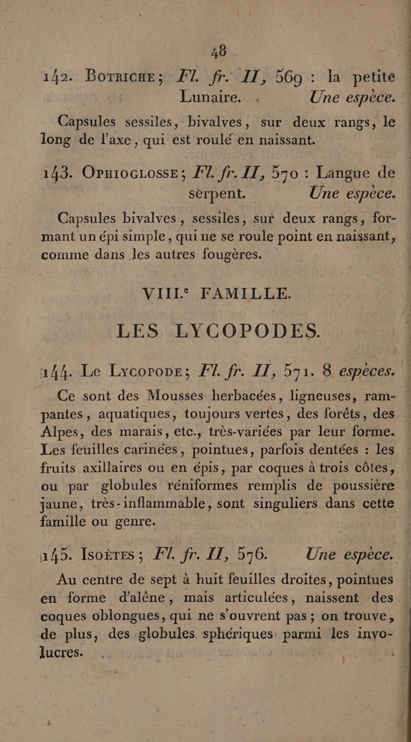 46 142. so EL OR; 369 : la petite Lunaire. . Une espèce. Capsules sessiles, bivalves, sur deux rangs, le long de l'axe, qui est roulé en naissant. 143. OPxioGLossEe; F2. fr. IT, 550 : Langue de serpent. Une espece. Capsules bivalves , sessiles, sui deux rangs, for- mant un épi simple , qui ne se roule point en naissant, comme dans les autres fougères. VIIIS FAMILLE. LES LYCOPODES. 144. Le Lycorone; FT. fr. IT, 571. 8. espèces. Ce sont des Mousses herbacées, ligneuses, ram- pantes, aquatiques, toujours vertes, des forêts, des Alpes, des marais, etc., très-variées par leur forme. Les feuilles carinées, pointues, parfois dentées : les fruits axillaires ou en épis, par coques à trois côtes, ou par globules réniformes remplis de poussière jaune, très-inflammable, sont singuliers dans cette famille ou genre. 145. Isoères; FT fr. LT, b76. Une espèce. | Au centre de sept à huit feuilles droites, pointues en forme d’alêne, mais articulées, naissent des : coques oblongues, qui ne s'ouvrent pas; on trouve, ! de plus, des globules sphériques parmi les invo- : lucres.