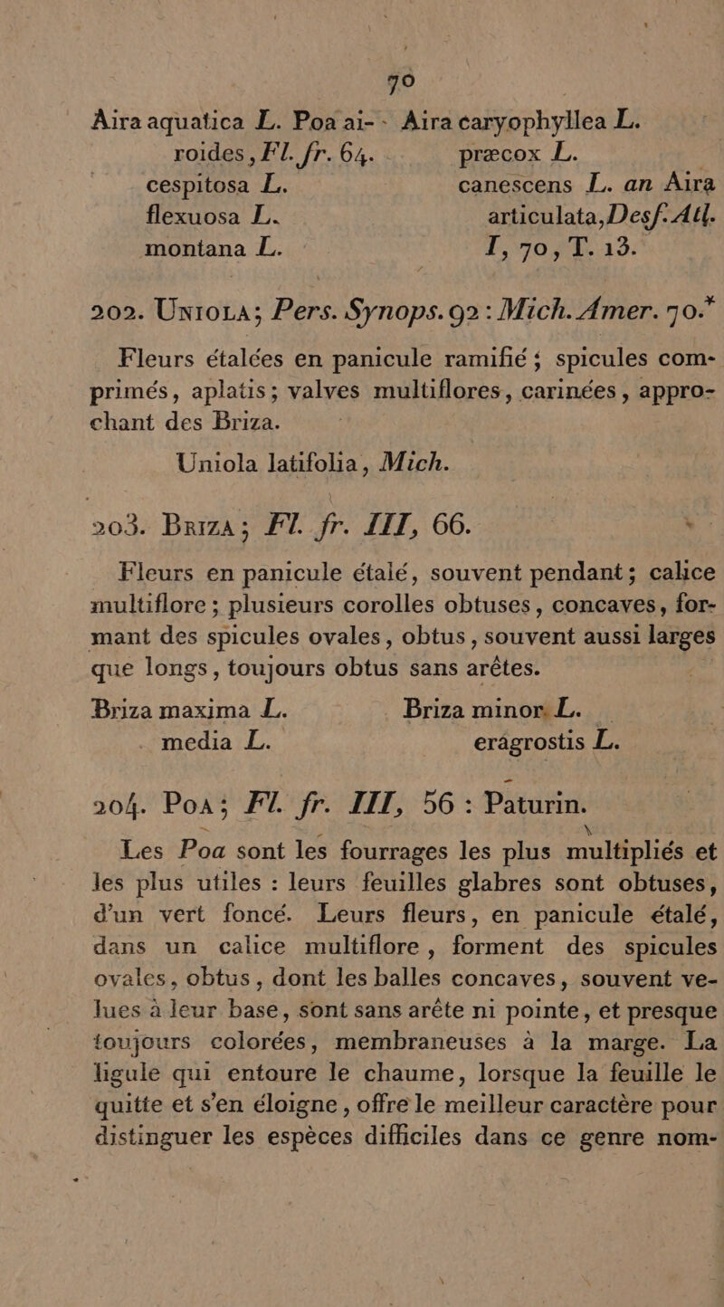 Aira aquatica L. Poa ai- + Aira caryophyllea L. roides , FT. fr. 64. præcox an cespitosa L. canescens L. an Aira flexuosa JL. | articulata,Desf. AU. montana L. : Lo ME 13 202. UniorA; Pers. Synops. 92 : Mich. Amer. 0. Fleurs étalées en panicule ramifié { spicules com- primés, aplatis; valves multiflores, carinées , appro- chant des Briza. Uniola latifolia, Mich. pe Briza ; FT. fr. LIT, 66. | L” Fleurs en panicule étalé, souvent pendant; calice multiflore ; plusieurs corolles obtuses, concaves, for- mant des spicules ovales, obtus, Sausont aussi larges que longs, toujours GHius sans arêtes. Briza maxima L. Briza mimonL. . media L. eragrostis L. BP PoNL ET UE METRE 6 PAU Les Poa sont les fourrages les plus ane et les plus utiles : leurs feuilles glabres sont obtuses, d'un vert foncé. Leurs fleurs, en panicule étalé, dans un calice mulüflore, forment des spicules ovales, obtus, dont les balles concaves, souvent ve- lues à leur base, sont sans arête ni pointe, et presque toujours colorées, membraneuses à la marge. La ligule qui entoure le chaume, lorsque la feuille le quitte et s’en éloigne, offre le meilleur caractère pour distinguer les espèces difficiles dans ce genre nom-