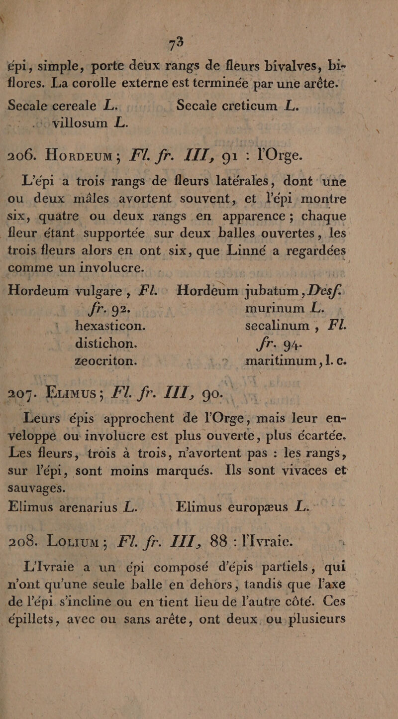 \ ne 75. épi, simple, porte deux rangs de fleurs bivalves, bi- flores. La corolle externe est terminée par une arête. Secale cereale L.. Secaie creticum L. + villosum L. 206. Horpeux ; F1. fr. LIL, 01 : l'Orge. L'épi a trois rangs de fleurs latérales, dont ‘une ou deux mâles avortent souvent, et l'épi montre six, quatre ou deux rangs en apparence ; chaque trois fleurs alors en ont six, que Linné a regardées Hordeum vulgare , F1. | Hordéum jubatum, Dsf. fr. 92. murinum L. hexasticon. secalinum , FL distichon. a SO Ar eu zeocriton. o maritimum, lc. Leurs épis approchent de l'Orge, mais leur en- véloppé où involucre est plus ouverte, plus écartée. Les fleurs, trois à trois, n'avortent pas : les rangs, sur l'épi, sont moins marqués. Ils sont vivaces et sauvages. | Elimus arenarius L. Elimus europæus LL: 208. Louuu; F1. fr. LIT, 88 : l'Ivraie. à L'Ivraie à un épi composé d’épis partiels, qui n’ont qu'une seule balle en dehors, tandis que l'axe