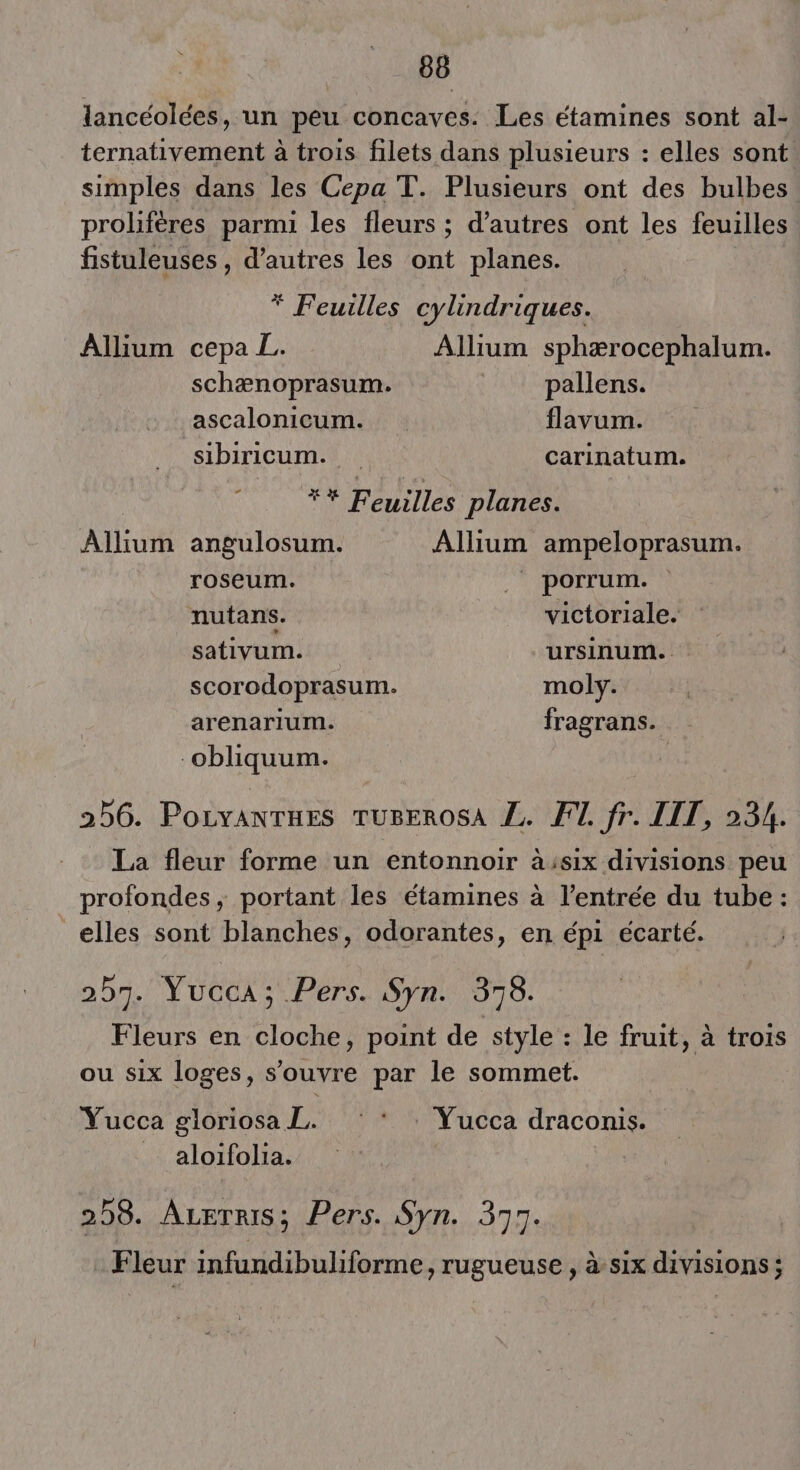 86 lancéolées, un peu concaves. Les étamines sont al- ternativement à trois filets dans plusieurs : elles sont simples dans les Cepa T. Plusieurs ont des bulbes. prolifères parmi les fleurs ; d’autres ont les feuilles fistuleuses , d’autres les ont planes. * Feuilles cylindriques. Allium cepa L. Allium sphærocephalum. schænoprasum. | pallens. ascalonicum. flavum. sibiricum. carinatum. a ** Feuilles planes. Allium angulosum. Allium ampeloprasum. roseum. .. porrum. nutans. victoriale. sativum. ursinum. scorodoprasum. moly. arenarium. fragrans. -obliquum. 256. Porvantues Tu8erosA Z. FI. fr. LIT, 234. La fleur forme un entonnoir à:six divisions peu profondes, portant les étamines à l’entrée du tube : _elles sont blanches, odorantes, en épi écarté. 257. YuccA; Pers. Syn. 378. Fleurs en cloche, point de style : le fruit, à trois ou six loges, s'ouvre par le sommet. Yucca gloriosa L. ‘© * : Vucca draconis. _ aloifolia. | 258. ALETrIS; Pers. Syn. 3717. Fleur infundibuliforme, rugueuse , à six divisions ;