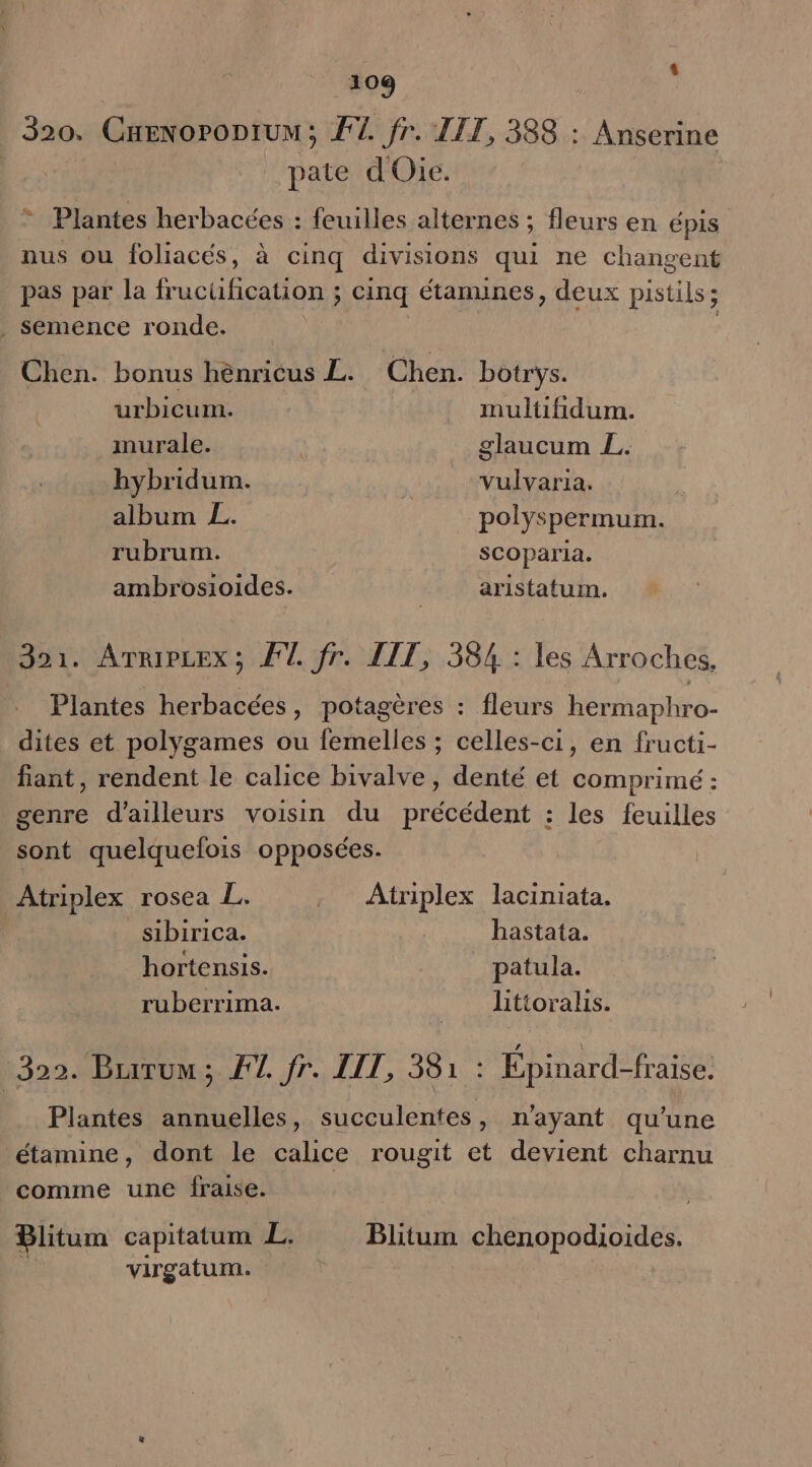 320. CHENOPODIUN ; F1. fr. LIT, 388 : Anserine | pate dOie. &gt; Plantes herbacées : feuilles alternes ; fleurs en épis nus ou foliacés, à cinq divisions qui ne changent pas par la fr ucüfication ; ; cinq étanunes, deux pistils ; . semence ronde. | Chen. bonus hènricus L. Cher botrys. urbicum. multifidum. murale. | glaucum £. hybridum. vulvaria. album L. polyspermum. rubrum. scoparia. ambrosioides. _ aristatum. 351. ArriPLEx ; FT fr. IT, 384 : les Arroches. Plantes herbacées, potagères : fleurs hermaphro- dites et polygames ou femelles ; celles-ci, en fructi- fiant, rendent le calice bivalve, denté et comprimé : genre d’ailleurs voisin du cé ete les feuilles sont quelquefois opposées. Atriplex rosea L. , Atriplex laciniata. _sibirica. hastata. hortensis. patula. ruberrima. littoralis. 322. Briruu; F2. fr. LIT, 381 : Épinard-fraise. Plantes annuelles, succulentes, n'ayant qu’une étamine, dont le calice rougit et devient charnu comme une fraise. Blitum capitatum L. Blitum chenopodioides. virgatum.