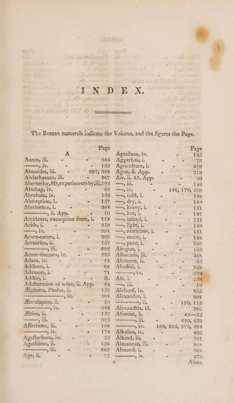 T3 A Be Aaron, iit. = 386 giv. = &lt;' 7392 Abassides, ‘iii. - 387, 388 Abdarhaman, iii. - 387 Abernethy,Mr, experiments by,tii.195 Abishag, iv. - 62 Abraham, iv. = 132 Absorption, i. ~ 157 Abstinence, i. - 384 ty le ADP. _? 10 Accidents, exemption from, i. 118 Acids, i. ~ . 359 5 ive = 394 Acorn-eaters, i. aaa 0 Actuariusy ii. &lt;eee “157 oil. SO ggg Acute diseases, iv. - 535 Adam, iv. ~ - 14 Addison, i. ned 88 Adanson, is - 71 Addoo, i. - - ib. Adulteration of wine, ii. App. 43 F&amp;igineta, Paulus, ii. 157 ae 384 /Esculapius, il. AR ig “13 — 51Vs ~ 344 FEtiUS, Iie ait 57 —, ill. - = 333 Affections, iii, “= = 184 5 IVa L as 174 Agallochum, iv. — « 55 Agathinus, ii. - 153 sill. - $63 Age, il. - “ 75 Agesilaus, ‘iv. Aggerhus, i. Agriculture, i. Ague, ii n. App. Airy i li. 45. App. —, lil. —, cold, i. = dry, i. —-, heavy, i le —--, hot, 1. —-, inland, i. aaa | light, ie —-, MOist, is —-, pure, i. Air-gun, i. “ Albucasis, itt. Alemeon, a Alcohel, te o1Ve Ale, i. - —r, ill. Alehoof, iv. Alexander, i. ——————, il Alexandria, iit. Aliment, ii. “y iil. nny Ve Alkalies, iv. Almanzer, ili. aie amen | iv. : Page = 135 = 3 - 478 ‘913 = + 30 a 546 146, 179, 196 148 “ 149 154 “ 147 152 « 149 ~ on UGh “ 148 . 136 ai 146 &lt;= A tate (37 = 268 ~ 29¢ - “UT O5s - 19 - 356 20% 115 886 &lt; meet ES 440, 458 205, 273, 484 402 “ 39% os 388 = 804: * 276 Atoes, - 110,