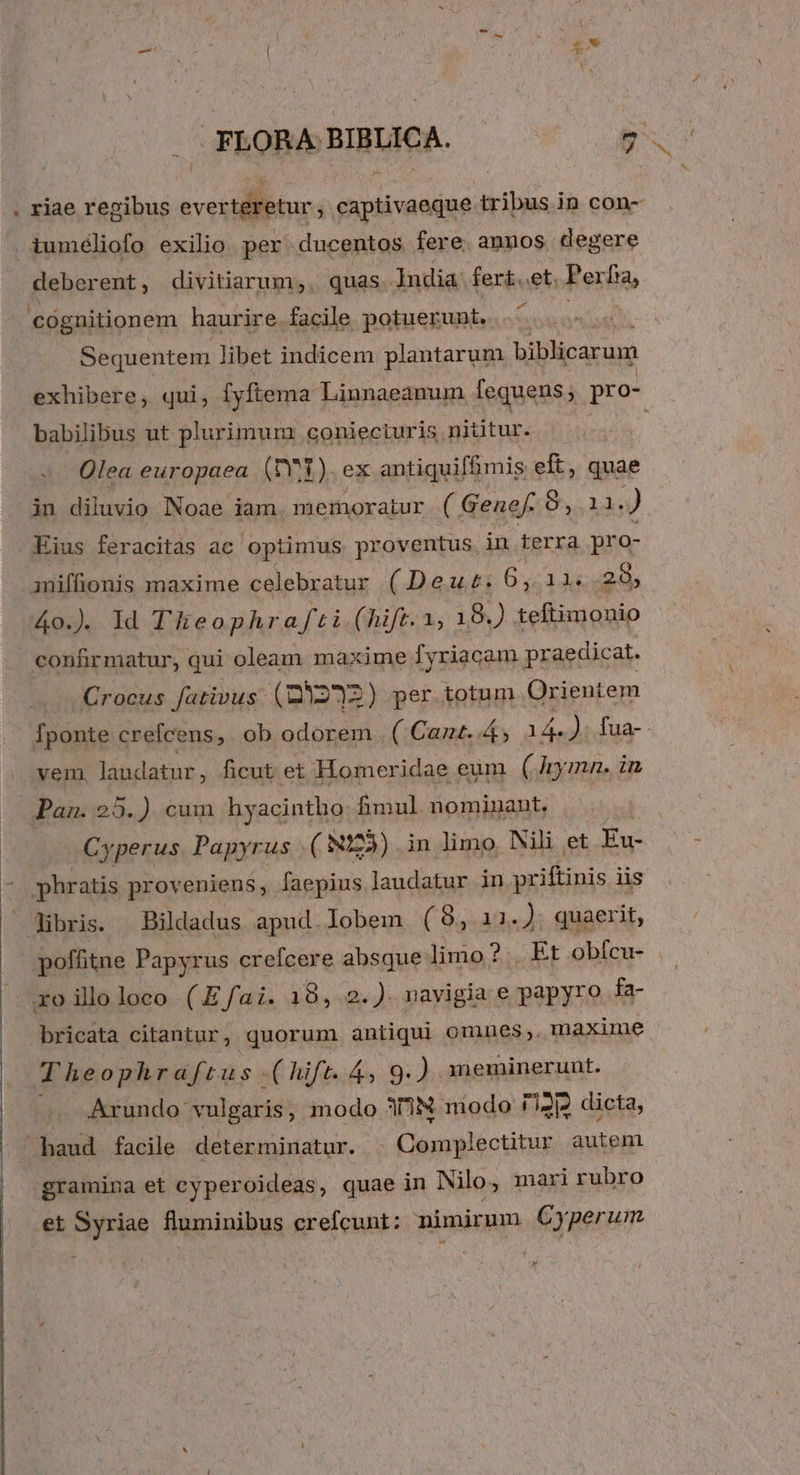 . riae regibus everteretur ; captivaeque tribus in con- iuméliofo exilio per ducentos fere. aunos. degere deberent, divitiarum,. quas. India: fert.et. Perfa, cognitionem haurire facile potuerunt. | Sequentem libet indicem plantarum biblicarum exhibere, qui, fyftema Linnaeanum fequens , pro- babilibus ut plurimum coniecturis nititur. Olea europaea (IY). ex antiquif&amp;imis eft, quae in diluvio Noae iam memoratur ( Genef. Bids ) Eius feracitas ac optimus proventus in terra pro- miffionis maxime celebratur (Deut: 6 26 d dius 40.) Id Thieophrafti (hift. 1, 18.) teftimonio confirmatur, qui oleam maxime fyriacam praedicat. Crocus fativus (231232) per totum Orientem Tponte crefcens, ob odorem f Cant. 4, 14. ). fua-- .vem, laudatur , ficut et Homeridae eum ( Jnymn. in Pan. 25.) cum hyacintho fimul nominant. Cyperus. Papyrus .( N23) in limo, Nili et Eu- H | phratis proveniens, faepius laudatur in priftinis iis libris. Bildadus apud. lobem (8, 11.). quaerit, poffitne Papyrus crefcere absque limo?.. Et obícu- xo illoloco (Efai. 18,.2.). navigia e papyro fa- bricata citantur, quorum antiqui omnes,. maxime d he ophraft: us (hift. 4, 9.) meminerunt. ^. Arundo: vulgaris, modo 378 modo t r'i2j? dicta, haud facile determinatur. . Complectitur autem gramina et cyper oideas, quae in Nilo, mari rubro et Syriae fluminibus crefcunt: pimirum C yperum