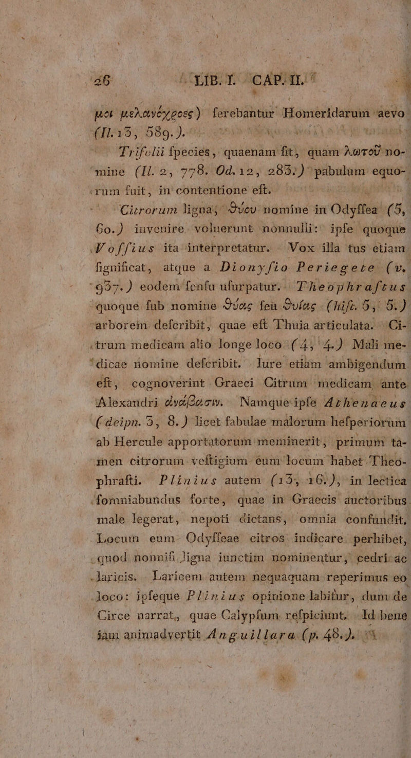 &amp;ok. ue. ex pose ) ferebantur Homeridarum aevo. KI, 589. )..0c oy» PN qo à VA ODE a e Trifclü ipit quaenam fit, quam Vera no- mine (Il. 2, 778. 0d. 12, 283:)* iini ow yum fuit, in contentione eft. ^ ^ ái Cürorum ligna; 9Vev nomine in Odyffea: 1f 5, £0.) invenire. voluerunt nonnulli: ipfe quoque d offius ita interpretatur. — Vox illa tus etiam. fgnificat, atque a Diony fio Periegerte. (v. 957.) eodem fenfu ufurpatur.. T)eophr aftus. quoque. fub nomine Oa feu Ovíag (hift. 5,: 5.) arboreh: deferibit, quae eft 'huia articulata. Tot .trum medicam alio longe loco. ( 4j. 4.) Mali me- 'dicae nomine defcribit. . Iure etiüm ambigendum. dft, cognoverint Oraeci Citrum medicam. ante Alexandri éw(ozcem. | Namque ipfe Athenaeus ( deipn. 53, 8.) licet fabulae malórum hefperiorum: ab Hercule apportatorum meminerit, primum tà- men citrorum veftigium. éum locum habet Theo-- phrafti. Plinius autem (195. 16:); in Jectiós -fomniabundus forte, quae in Graecis auctoribus. male legerat, nepoti dictans, omnia confundit, Locum eum Odyffeae citros. indicare. perhibet, .quod nonnifh ligna iunctim nominentur, cedri ac | .Jaricis. . Laricem. autem nequaquam reperimus eo loco: ipfeque PZinius opinione labitur, dum dé Circe narrat, quae Calypfum. refpiciunt, dd beue aui animadvertit 4nguillara. ( p. 49.9. 1X :