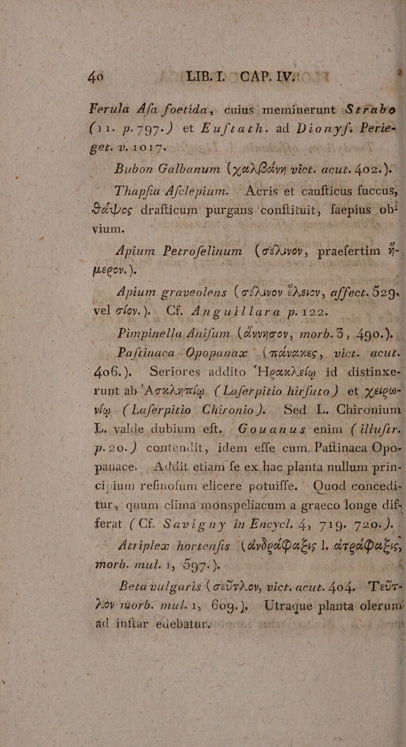 Ferula Aa foetida, cuius meminerunt S£rabo (11. p.797.) et ReTrae ad Pio spem Perie- get. 7. 1017. Bubon Galbanum TNCS vict. acut. 402.). Thapfia Afclepium. | &cris et caufticus facets Qoéxog drafticum purgans Pons faepius ob: vium, Apium Perrofelinum (e£haven, praefertim 5-. pegov.). 5 4pium graveolens ( &£X. iyoy EA SICV , affect. 529. | vel eíoy.).. Cf. 4nguillara ker js M Pimpinella.Anifum (ewaueev, morb. $, 490-). .. Pafiinaca: Opopanaa: ' (qdvexsg, vict; acut. |406.). Seriores addito 'Hece.eío id distinxe- runt ab Acx23rmío. ( Laferpitio hirfuto ) et x&gu- Vío - ( Laferpitio Chironio ). Sed —L. Chironium. L. valde dubium eft. Gouanus enim ( ilufir. p.20.) contendit, idem effe cum. Patiinaca Opo- pauace. | Addit etiam fe ex. hac planta nullum prin- ci;ium refinofum elicere potuiffe, : Quod concedi- tur, quum clima monspeliacum a graeco longe dif. ferat (C£. Savigny in Encycl. 4, 719. 720-). . Atriplez hortenfis (aybeipatus 1. dreh pubis, morb. mul. 1, 597.). E — Betavulgaris (estis. ov, vict. acut. 404. (Tebe Aoy morb. mul.1,: Gog.), Mun planta olerumi ,ad inftar edebatur, ibo aM e 6 » tt ^