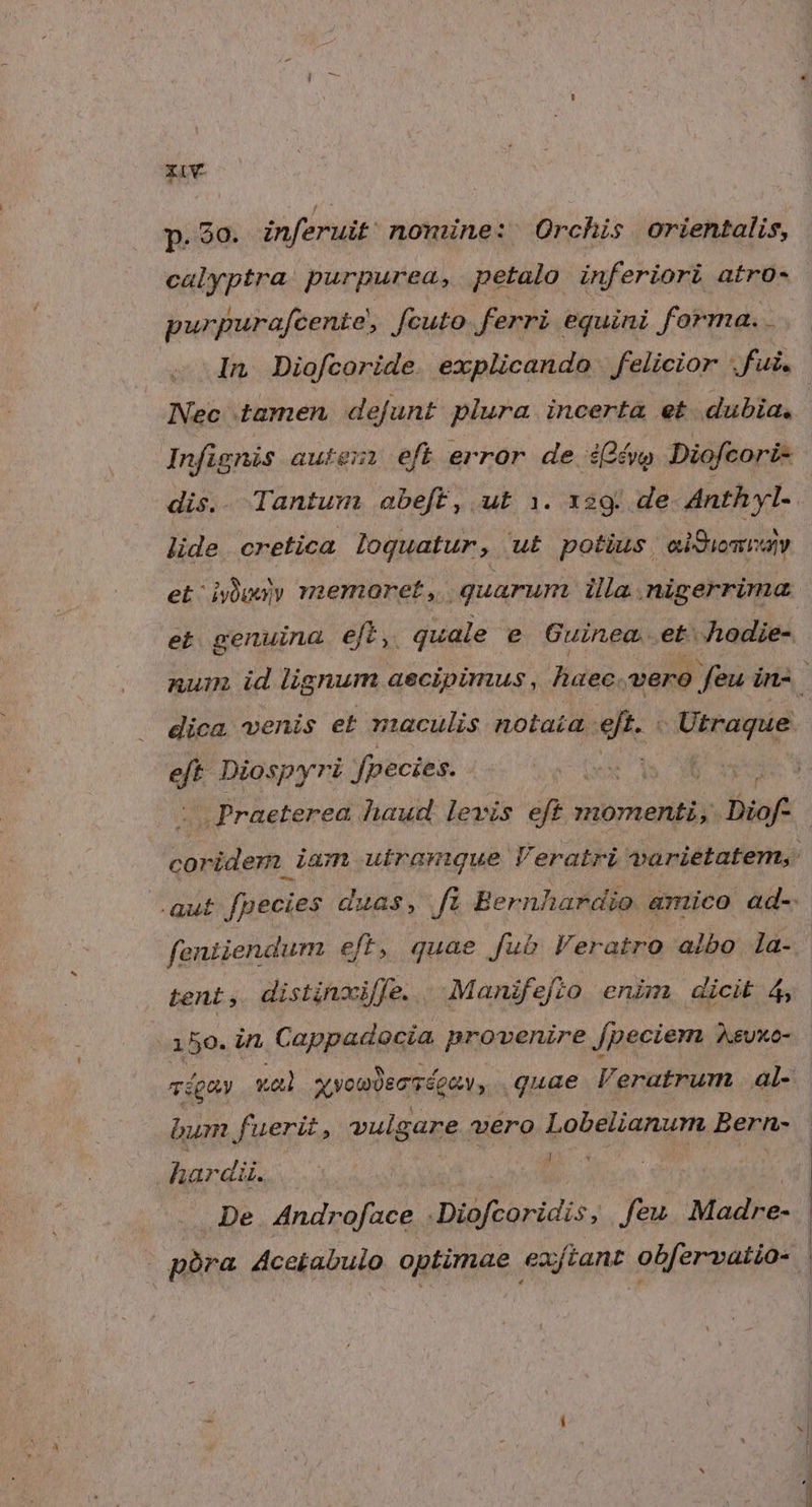 p. $0. inferuit- nomine: Orchis orientalis, calyptra purpurea, petalo inferiori atro- purpurafcenie, fcuto. ferri equini forma. . In Diofcoride. explicando | felicior fui. Nec tamen defunt plura incerta et dubia, Infignis auteszi eft error de igéwo Diofcori- dis.. Tantum abeft, ut 1. x29. de. Anthyl-. lide cretica loquatur, ut potius eiSwmvaw et iyüuyy m2emoret, e quarum illa .nigerrima et genuina e[L, quale e Guinea, et. Aodie- num id lignum aecipimus ,. Hess. vero feu in- dica venis et maculis notata eft. « Utraque s Diospyri fpecies. rd ; | Praeterea haud levis eft momenti, Diof- T HM iam utramque Veratri varietatem, saut fpecies duas, ft Bernhardio amico ad- feniiendum eft, quae. fub Veratro albo la- tent, distinxiffe. . Manifejfio enim. dicit 4, 150. in C appadocia provenire Jpeciem A&amp;UXO- TQaY val XyomüEG T ÉQG y quae Veratrum al- bum fuerit , vulgare vero Lobelianum Bern- hardii. OL .De. Androface Diofcoridis, Yac Madhe. | pbra Aceiabulo optimae exftant obfervatio- |