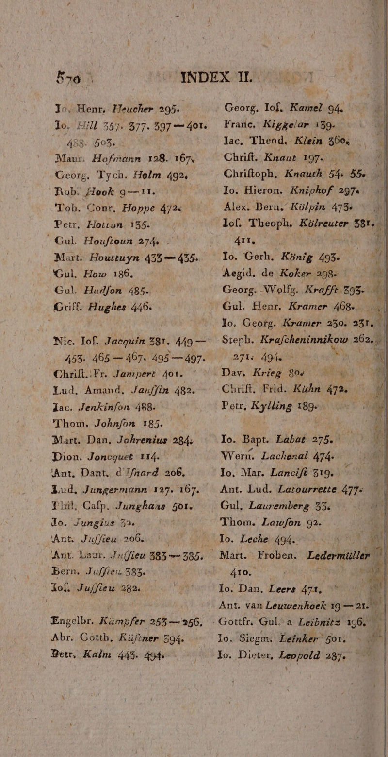 Boo | Jo. Henr, Heucher 295. lo. HU 557. 877. 597 — 40r. 24 P : Maur. Hofmanm 128. 1 Goorg. 'Tych. Holm 492. ' Rob. Hook 9 —11. 'ob.- Conr, Hoppe 472. Petr, Horton. 125. ^ Gul. Houftoun 274 . Mart. Houttuyn: 455 — 455. 'Gul. How 186. Qul. Hudfon 485. uff. Hughes 446. 498. Nic. Iof. Jacequin Z81. 449 — 455. 465 — 467. 495 —497. Chrili..Fr. Jampert 4ov. ^ Lud. Amand, Jaujfin 482. dac. Jerdciifüin. 488. ' Thom. John/on 185. Mart. Dan. Johrenius 284. Dion. Joncguet Y14. — — Ant, Dant. à /nard 206. Lud. Jungermann 127. 167. Tul, Cafp. Junghaas ot. do. Jungius 52. Ant. Juffieu 206. Ant. Laur. J»ffieu 385— 285. Bern. Juffiei. 585. lof. Ju/fieu 282. Engelbr. Kümpfer 255 — 256, Abr. Gotth, Kü/?ner 594. Bet, Kaim 445. 494. Georg. Tof. Kamel 94. Franc, Kigke: lar 159. 2 Jac. Theod. Klein $66. T n Chrift. Knaut 197.  | Chriftoph. Knaurh 5f. rs Alex. Bern. Külpin 4785. | lof. Theoph. Küo/reuter S81. . | 4á1t, Í t | Io. Gerh. Konig 495. Ed Aegid. de Koker 298« (1 Georg. -VVolfs. Krafft £95. 4 j Gul. Henr. Kramer 4068. | Io. Georg. Kramer 250. 331.11 Steph. Krafcheninnikow 262 | M iD Eg Dav. Krieg ME OMNE. Chrift, Frid. Kühn M | $3 Petr, Kylling A | Z Io. iss. Làbat. 275.9 | ) 3] WVVern. Lachenal 4T74- $1] Io. Mar. Lancifi $19. SM i Ant. Lud. Latourrette 477. — Gul. Lauremberg 55. Thom. Lowfoón 9a. Io. Leche.494.5 0, 08 0 ANM Froben. LederinüileMl m 410. vas Me Z4 j I j Mel lo. Dan, Leere 471, ^ ^ dM Ant. van Leuwenhoek 19 — an lo. Siegm. Leínker 50r. lo. Dieter, Leopold 287.