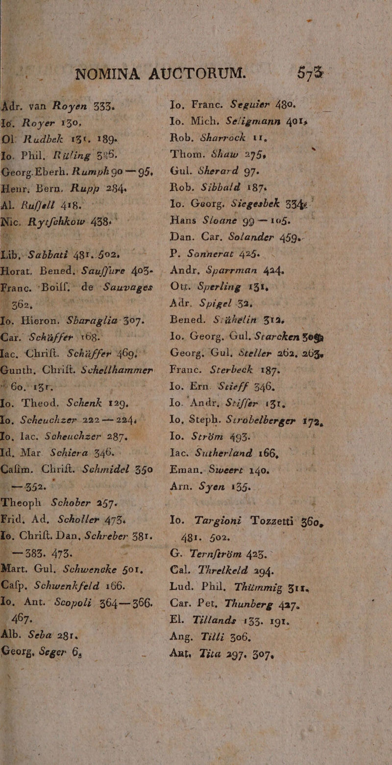 - T ji. van Royen 533. M Royer 150, Ol Rudbek 151, 189. Io. Phil. Ru/ing 5:8. Georg. Eberh. Rumph 9o — 95, Henr. Bern. Rupp 284. AL. Ruffell 418. r dang 458. n Lib, Sabbati 48r. 502, Horat. Bened, Sauffure 405- Frane. 'Boilf,' de puppe (562, T . Hieron. sd dii $07. Car. Schüffer. x68. c. Chrift. Schaffer 469, ^ ES Chuft. Sermuten &amp; 6o, Io. Bun Schenk 129, lo. Scheuchzer Mon d Io. lac. Soheuchzer 287. | Id. Mar. Schiera 546. Calim. Chrift. Sehmidel 550 $52. : Theoph Schober 257. Frid, Ad, Scholler 475. P Chrift. Dan, Schreber. 581. 4 — 885. 475. ii Mart. Gul. Schwencke 501. Cafp. Schwenkfeid 166. lo. Ant. Scopoli. 564— 566. 1 467. Alb. Seba 281. Georg, Seger 6, M 57$ 1o. Frihe. Seguier 480. Io. Mich. Se/igmannm 40ts Rob. Sharrock it. Thom. Shaw 295, Gul. Sherard 97. Rob. Sibbald 187. lo. Georg. Siegesbek. 554p. Hans $/oane 99 —105. ^. Dan. Car. Solander 459.- P. Sonnerat 425... — Andr. Sparrman 444. Ou. Sperling 151, Adr. Spigel 523. Bened. S:kühelin 51a, lo. Georg. Gul. Starcken Sogs Georg. Gul, Stel/er 202, 208 - Io. Ern. Szeff 2406. Io. Andr, Sriffer. 181, Io, Steph. Sod bMiberge» m. lo. Strüm 493. lac. Sutherland. 166, Eman. Siweert 14o. Arn. Syen 155. Io. Targioni Tozzetti 560, . 481. 402. : G. Ternftrüm 425. Cal. Threikeid. 294. Lud. Phil, Thi mmig 81x. El. Tillands 155. 191. Ang. Tii 506. Anab Ti« 297. 507.