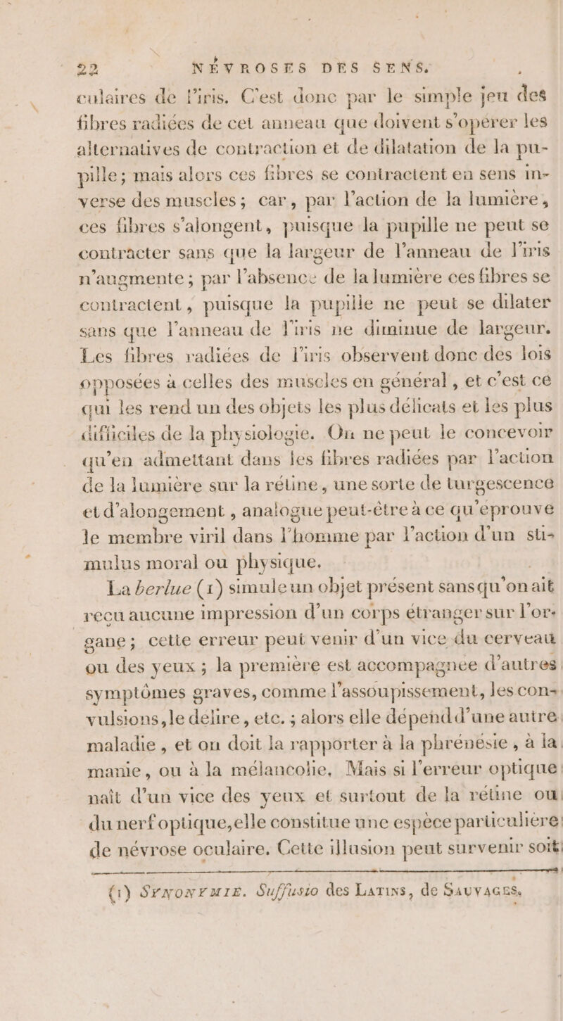 culaires de liris. C'est donc par le simple ] jeu FA fibres radiées de cet anneau que doivent s’operer les alternatives de contraction et de dilatation de la pu- pille ; mais alers ces fibres se contractent en sens in- verse des muscles; car, par l’action de la lumière, ces fibres s'alongent, puisque la pupille ne peut se contracter sans que la largeur de l’anneau de l'iris n’augmente ; par l'absence de la lumiere ces fibres se contractent, puisque la pupille ne peut se dilater sans que l'anneau de l'iris ne dimimue de largeur. Les fibres radiées de l'iris observent donc dés lois opposées à celles des muscles en général , et c'est ce qui les rend un des objets les plus délicats et Les plus difficiles de la physiologie. On ne peut le concevoir qu'en admettant dans les fibres radiées par l’action de la lumière sur la réüne, une sorte de turgescence etd’alongement , analogue peut-être à ce qu'eprouve le membre viril dans l’homme par l’action d'un su- mulus moral ou physique. | La berlue (1) simule un objet présent sansqu'onait _ recu aucune impression d’un corps étranger sur l'or: gane; cetie erreur peut venir d’un vice du cerveau ou des yeux ; la première est accompagnee d'autres symptômes graves, comme l'assoupissement, les cons, vulsions,le délire , ete. ; alors elle dépendd'une autre. maladie , et on doit la rapporter à la phrénesie , à la: manie, ou à la mélancolie, Mais si l'erreur optique: naît d’un vice des yeux et surtout de la réüne ou du nerf opüque,elle constitue une espèce parüculiere de névrose oculaire, Cette illusion peut survenir SOI] me) | (1) SFNONFUIE. Suffusio des LarTins, de Sauvages.