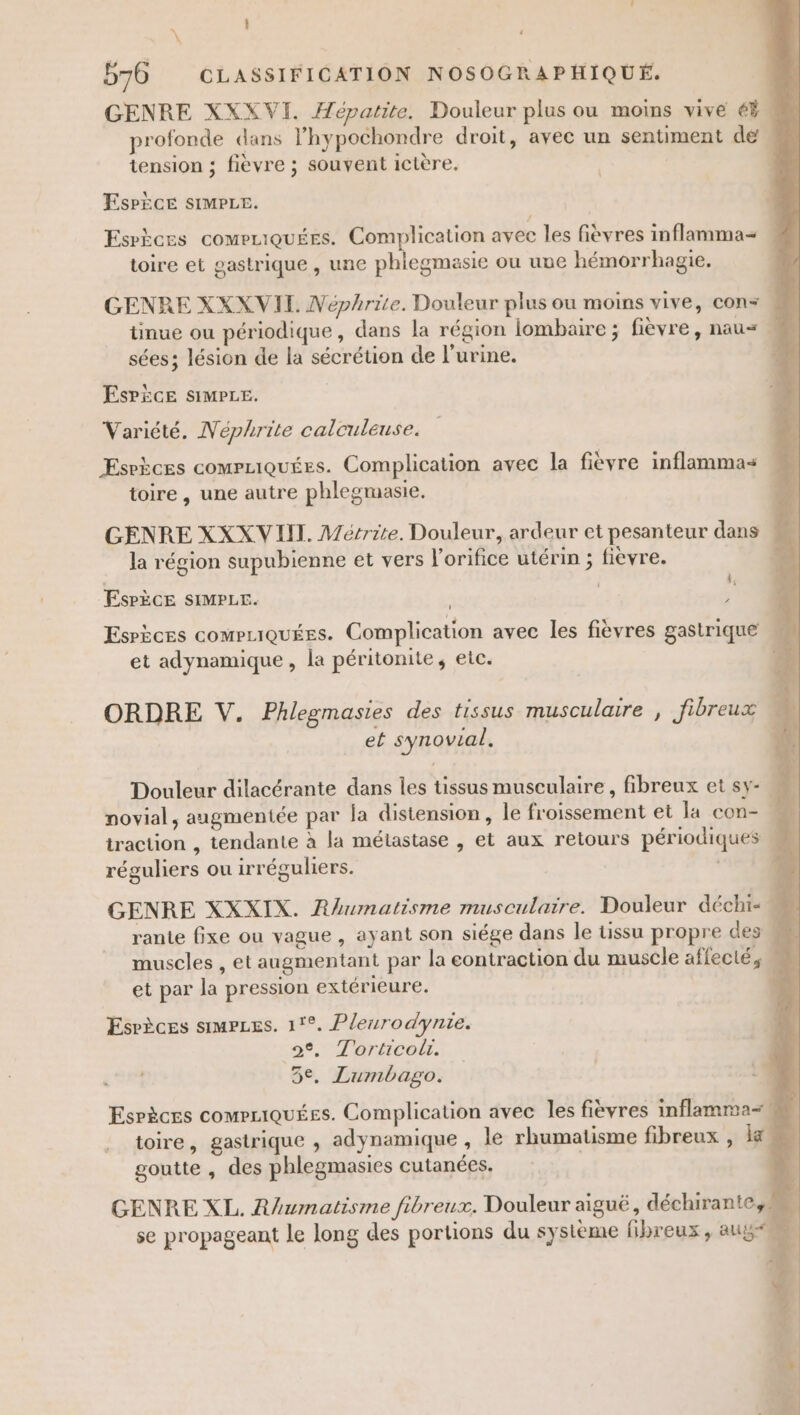 GENRE XXXVI. Hépatite. Douleur plus ou moins vive € profonde dans l’hypochondre droit, avec un sentiment de, tension ; fièvre ; souvent icière. | ESPÈCE SIMPLE. Esrèces comeziquées. Complication avec les fièvres inflamma= toire et gastrique , une phlegmasie ou uue hémorrhagie. GENRE XXXVIL Néphrite. Douleur plus ou moins vive, cons | tinue ou périodique, dans la région lombaire ; fièvre, nau= sées; lésion de la sécrétion de l'urine. Espèce SIMPLE. Variété. Néphrite calculeuse. Esrèces comPziquées. Complication avec la fièvre inflammas toire , une autre phlegmasie. GENRE XXX VIII. Mérrite. Douleur, ardeur et pesanteur dans | la région supubienne et vers l’orifice utérin ; fièvre. 4 ESPÈCE SIMPLE. | : = : . +, ë L Esrèces compniquées. Complication avec les fièvres gastrique et adynamique , la péritonite, etc. 7 ORDRE V. Phlegmasies des tissus musculaire , Jibreux 1 et synovial, Douleur dilacérante dans les tissus musculaire, fibreux et sy- novial, augmentée par la distension, le froissement et la con- traction , tendante à la métastase , et aux retours périodiques M réguliers ou irréguliers. GENRE XXXIX. Rhumatisme musculaire. Douleur déchi«  rante fixe ou vague , ayant son siége dans le tissu propre des ; muscles , et augmentant par la eontraction du muscle affecté, et par la pression extérieure. 4 Esrèces ssmrces. 1°°. Plenurodynie. 2°, Torticol. 5e. Lumbago. Esrèces comPriquées. Complication avec les fièvres inflamma=, toire, gastrique , adynamique , le rhumatisme fibreux , lx goutte , des phlegmasies cutanées. GENRE XL. Rhumatisme fibreux. Douleur aiguë, déchirante,s 4 se propageant le long des portions du système fibreux, aus dei