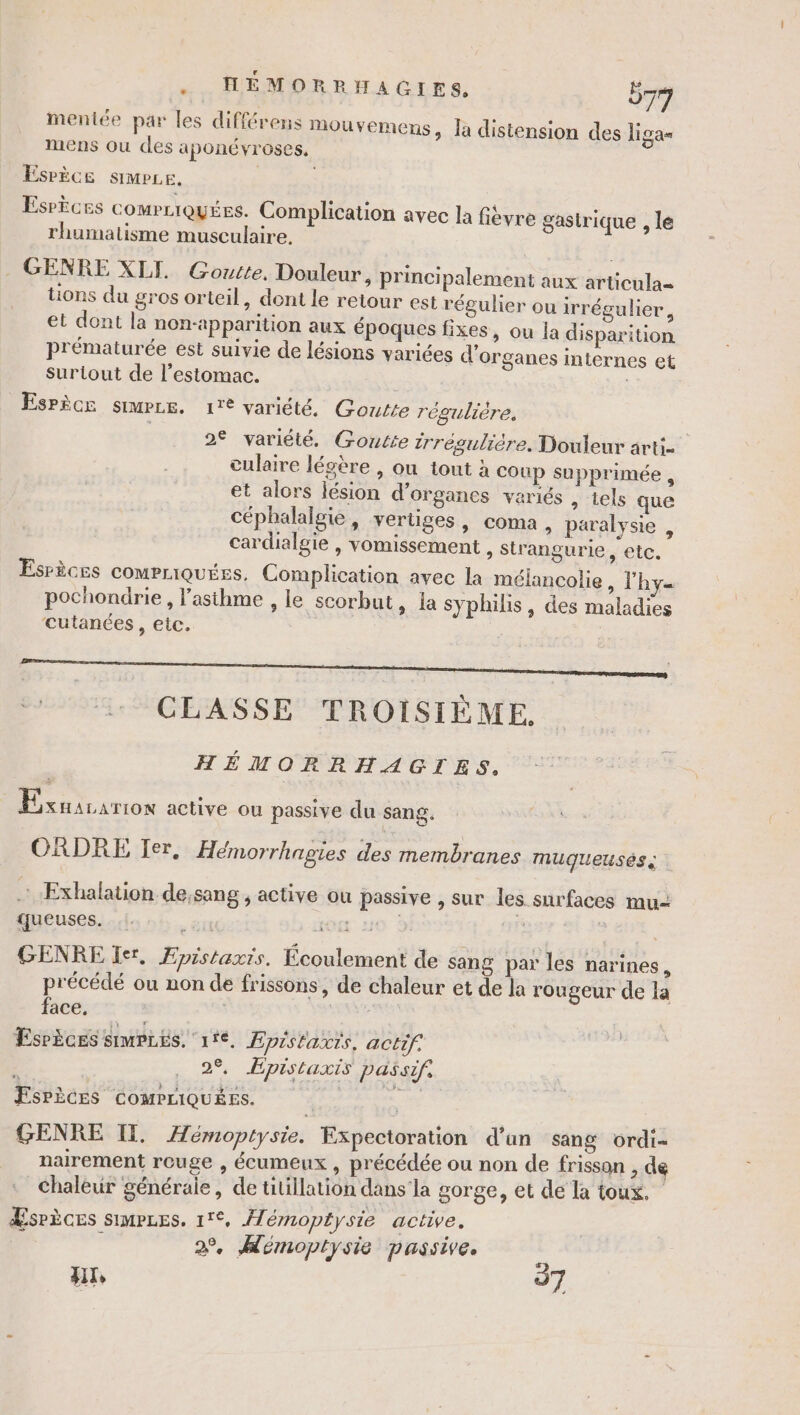 . HÉMORRHAGIES. b7 mentée par les différens Mouvemens, la distension des Liga mens ou des aponÉvroses, EsPèce simPce. Esrèces comPLIQUÉES. Complication avec la fièvre gastrique , le rhumatisme musculaire. - GENRE XII. Goutte, Douleur, principalement aux articula= tions du gros orteil, dont le retour est régulier ou irrégulier, et dont la non-apparition aux époques fixes, ou la disparition prématurée est suivie de lésions variées d'organes internes et Surtout de l'estomac. | Esrèce simpre. 1'* variété, Goutte régulière. 2° variété. Goutte irrégulière. Douleur arti- culaire légère , ou tout à Coup supprimée , et alors lésion d'organes variés » tels que céphalalgie, vertiges, coma, paralysie , cardialgie , vomissement , strangurie “'ête. Esrèces comPriQUÉESs. Complication avec la mélancolie, l'hy pochondrie, asthme , le scorbut, la syphilis, des maladies cutanées, etc. | CLASSE TROISIÈME. HÉMORRHAGIES. Exnararion active ou passive du sang. ORDRE Ier. Hémorrhngies des membranes muqueuses « $ Exhalation de,sang , active ou passive , sur les surfaces mu- queuses. .!. | HO 10 À | GENRE Ier. Æpistaxis. Écoulement de sang par les narines , précédé ou non de frissons, de chaleur et de la rougeur de la face, 3 À ÉsrÈces smmPrés. 1te, Epistaxis, actif. : . 2°, ÆEpistaxis passif, EsPèces ComPLiQUéeEs. | es GENRE I. Æémoptysie. Expectoration d’an sang ordi- nairement rouge , écumeux , précédée ou non de frisson , de chaleur générale, de titillation dans la gorge, et de la toux, Æsrèces simpces. 1€, HMémoptysie active. ; : 2, Hémoptysie passive. in 37