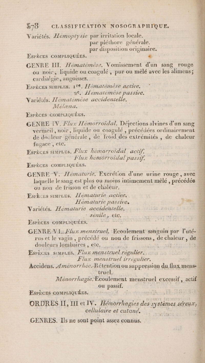 Variétés. Ælémoptysie par irritalion locale. LC À par pléthore générale. par disposition orig inaire. EsPÈècEs COMPLIQUÉES. &amp; GENRE IL Æématéméese. Vomissement d'un sang rouge ou noir; liquide ou coagulé, pur ou mêlé avec les alimens; cardialgie, angoisses. Esrèces simrres. 17°, /Jématémeéese active. Hematémése passive. : Variétés, {lématéemèse accidentelle, Mélæna. ÉsrÈèCESs GCOMPLIQUÉES. GENRE IV. //ux Hémorroidal. Déjections alvines d’un sang vermeil , noir , liquide ou coagulé , précédées ordinairement de déélèur générale : de Hard des extrémités , de chaleur fugace , etc. Esrèces SIMPLES. Flux hémorroïidal actif. Flux héinôrroïidal passif. EsrÈcEs COMPLIQUÉES. GENRE -V. Hématurie, Excrétion d’une urine rouge , avec laquelle lesang est plus ou moins intimement mêlé, précédée ou non de frisson et de chaleur. Esrèces simrzes. Æématurie active. Hématurie passives + 2e Variétés. ZZématurie accidentelle. ‘ sénile, etc. EspEcEs COMPLIQUÉES. ose GENRE VI. flux menstruel, Ecoulement sanguin par l’uté- ne: rus et le vagin , précédé ou non de frissons, de FOR de e douleurs lombaires , etc, | * Esrèces simeces. Flux mensti 6, régulier... Flux menstruel ir régulier. GE à Accidens. Æménorrhée.Rétention ou suppression du, flux Mens … truel. MénorrhagieEcoulement menstruel excessif, actif \ ou passif. EsrÈces GOMPLIQUÉES. ORDRES If, III et IV. | Hémorrhagies FE systèmes SérEuT, cellulaire et cutané, M €. 116 GENRES. Ils ne sont point assez connus.