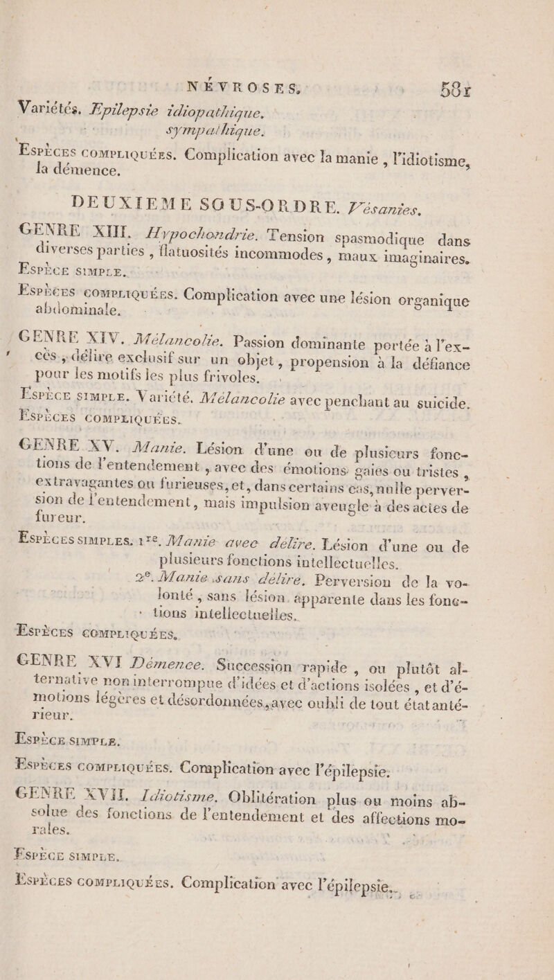 « NÉVROSES. à 56+x Variétés. Epilepsie idiopathique. T sympaihique. A«:!, ° ° 4 CR . e e EsrÈces comrriquéss. Complication avec la manie , l’idiotisme, la démence, DEUXIEM E SOUS-ORDRE. Z’ésanries. GENRE XIII. Hypochondrie. Tension Spasmodique dans diverses parties , flatuosités incommodes &gt; Maux imaginaires, EsPÈces comrLiQuéss. Complication avec une lésion organique abdominale. : _: GENRE XIV. Mélancolie. Passion dominante portée à l'ex côs.;. délire exclusif sur un objet, propension à la défiance pour les motifs les plus frivoles. ÉsrÈce simpe. Variété, Mélancolre avec penchant au suicide. ÉSPÈCES COMPLIQUÉES. | GENRE XV. Manre. Lésion d’une on de plusicurs fonc- tions de l’entendement , avec des émotions gaies ou tristes , exiravagantes ou furieuses, et, dans certains cas, nulle perver- sion de l'eutendement, mais impulsion aveugle à des actes de fureur. ; 3 Esrèces simPess1€, Manie avee délire. Lésion d’une ou de plusieurs fonctions intellectuelles. 2°. Mante sans délire, Perversion de la vo- lonté , sans lésion apparente dans les fone- tons intellectuelles. Esrèces comrriquées. GENRE XVI Démence. Succession rapide , ou plutôt al- ternative noninterrompue d’idées.et d’actions isolées , et d’é- motions légères et désordonnées,avec oubli de tout étatanté- rieur. PU Esrice simpcs. Espèces comPriquées. Complication avec l’épilepsie: GENRE XVII Zæotisme.. Oblitération plus ou moins ab- solue des fonctions de l’entendement et des affections mo- rales. AT ESPECE siMrLE. Ésrices compriquées. Complication avec l'épilepsie.…