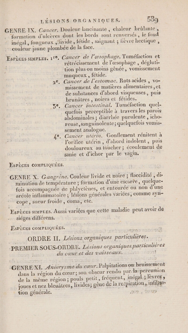 GENRE IX. Cancer. Douleur lancinante , chaleur brülante, “formation d’ulcères dont les bords sont renversés , le fond inégal, fongueux livide , fétide , saignant ; fièvre hectique , couleur jaune plombée de la face. Esrèces srmezes, 1e, Cancer de l’œsophage. Tuméfaction et % | rétrécissement de l'œsophage , dégluti- à tion plus ou moins gènée, vomissement muqueux , fétide. 2e. Cancer de l'estomac. Rots aides , vo= missement de matières alimentaires , et de substances d’abord visqueuses, puis brunâtres , noires et fétides. ‘5e, Cancer intestinal, Tuméfaction quel- quefois perceptible à travers les parois abdominales ; diarrhée purulente , icho- reuse,sanguinolente; quelquefois vomis- sement analogue. 4e. Cancer utérin. Gonflement rénitent à l'orifice utérin , d’abord indolent , puis douloureux au toucher ; écoulement de sanie et d’ichor par le vagin. EsPÈcEes COMPLIQUÉES. “GENRE X. Gangréne. Couleur livide et noire ; flaccidité , di- ._ minution de température ; formation d’une escarte, quelque- fois accompagnée de phlyctènes, et entourée ou non d’une aréole inflanimatoire ; lésions générales variées, comme syn- cope, sueur froide , coma, etc. Esrèces smrres. Aussi variées que cette maladie peut avoir de siéges différens. | Espèces cOMPLIQUÉES. ORDRE II. Lésions. organiques particulières. ‘PREMIER SOUS-ORDRE. Lésions organiques particulières durs du cœur et des vaisseaux. os! GENRE XI. Anévrysme du:cæur. Palpitations ow bruissement dans la région du cœur; son obscur rendu par-la:pereussion de la même région; pouls pelit, fréquent, inégal ; lèvres , joues et nez bleuätres, livides; gène de la respirauon, infiligas tion générale. 218 , 909 s