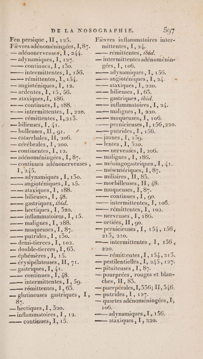 — adénonerveuses, I, 244. — adynamiques, 1, 127 —— continues, [, 130. —— intermittentes, I, 156. —— rémittentes, EL, 154. — angioténiques, Ï, 12. — ardentes, I, 15, 56. — ataxiques, I, 186. —— continues, [, 188. —— intermittentes, Ï , 220, rémittentes, 1,213. — bilieuses, T, 41. — bulleuses, IT, or. — catarrhales, IL, 206. — cérébrales, [, 200. — continentes, L Los — adénoméningées, I, 87. — continues adénonerveuses , 1,245. — adynamiques , É, 150. —— angioténiques, F, BD. —— alaxiques, [, 188. —— bilieuses, I 48. —— gastriques, SEA —— hectiques, I, 320. SES PR A E, —— malignes, I, 158. —— MR » 1, 87. —— putrides, {,1 30. — demi-tierces , 1 &gt; 102. — double-tierces , I, 63. — éphémères , I, 15. = Se Dem AA à UE PE — gastriques, Î + NA _—— continues, I, 48. —— intermittentes , I, 59. —— rémittentes, [, 63. — glutineuses gastriques, I, 87. — hectiques,I, 520. — inflammatoires, Ï, 12 ——— continues, Ï, 15. C4 Lo: Li 597 mittentes, I, 24. —— rémitientes, zid. — intermittentes adénoménin« gées, [, 106. —— adynamiques, Ï, 156. —— angioténiques, Î, 24. —— aiaxiques , À, 220. —— bilieuses, I, 63. —— gastriques , zb1d. —— inflammatoires, I, 24. —— malignes, 1, 220. —— muqueuses, Ï, 106. —— perpicieuses, 1, 156,220. —— putrides , E, 1 56. — jaunes, Ï, 199. — lentes, 1, 320. a mére nées: I, 206. — malignes » I, 186. ne méningogastr iques , D, 45 — miliaires, {I , 83. — morbilleuses . , II, 48. — muqueuses, I, 87. —— continues , Ï, 90. —— intermittentes, ?, 106. ———‘rémitientes ;L,-ro2: — nerveuses , [, 186. — orliées, 1: &gt; 90. — pernicieuses , I, 154, 156, 219: 220: —— intermittentes , I, 156, 220. rémittentes 1,154,213. — pestilentelles, T, 245, 127. — Pituiteuses , I, 87. — pourprées, rouges et blan- ches, IT, 83. — puerpérales, 1,356; IT, 546. — putrides, [, 127. / — quartes adénoméningées + 106. : —— adynamiques, F, 156. —— ataxiques , [, 220.