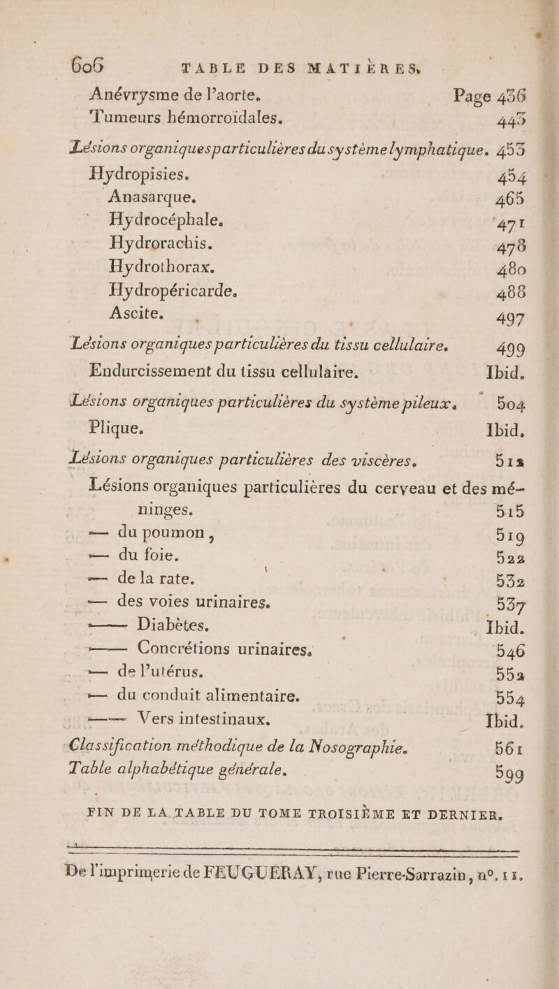 Anévrysme de l'aorte, Page 456 Tumeurs hémorroïidales. | 443 ÆLésions organiquesparticulières du systèmelymphatique. 453 Hydropisies. 454 Anasarque, 465 Hydrocéphale, 471 Hydrorachis. 478 Hydrothorax. 480 Hydropéricarde, 488 Asciter, 7 nr) 497 Lésions organiques particulières du tissu cellulaire. 499 Endurcissement du tissu cellulaire. Ibid. Lesions organiques particulières du système pileux. 504 Plique. Ibid, Lésions organiques particulières des viscères. bia … Lésions organiques particulières du cerveau et des mé ninges. 515 — du poumon, D19 — du foie. 522 — dela rate. : | 532 — des voies urinaires. _537 ——— Diabètes. . Ibid. —— Concrétions urinaires 546 — de l'utérus. 552 — du conduit alimentaire. 554 : —— Vers intestinaux. | + Tbid. Classification méthodique de la Nosographie. 561 Table alphabétique générale. 59g FIN DE LA TABLE DU TOME TROISIÈME ET DERNIER. mm De l'imprimerie de FEUGUERAY, rue Pierre-Sarrazin, n°, 11,