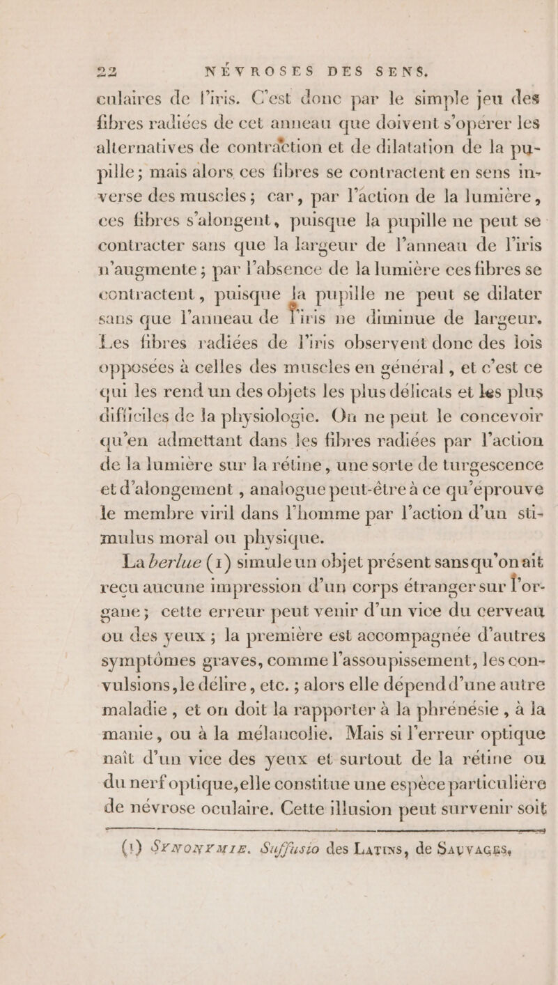 culaires de liris. C’est donc par le simple jeu des fibres radiées de cet anneau que doivent s’opérer les alternatives de contraction et de dilatation de la pu- pille ; mais alors ces fibres se contractent en sens in- verse des muscles; car, par l’action de la lumière, ces fibres s'alongent, puisque la pupille ne peut se contracter sans que la largeur de l’anneau de l'iris n'augmente ; par l'absence de la lumière ces fibres se contractent, puisque la pupille ne peut se dilater sans que l’anneau de l'iris ne diminue de largeur. Les fibres radiées de liris observent donc des lois opposées à celles des muscles en général , et c’est ce qui les rend un des objets les plus délicats et Les plus difficiles de la physiologie. On ne peut le concevoir qu'en admettant dans les fibres radiées par l’action de la lumière sur la réüine , une sorte de turgescence et d’alongement , analogue peut-être à ce qu'eprouve le membre viril dans l’homme par l’action d’un sti- mulus moral ou physique. La berlue (x) simule un objet présent sansqu'onait recu aucune impression d’un corps étranger sur l'or- gane; cette erreur peut venir d’un vice du cerveau ou des yeux ; la première est accompagnée d’autres symptômes graves, comme l'assoupissement, les con- vulsions,le délire, etc. ; alors elle dépendd’une autre maladie , et on doit la rapporter à la phrénésie , à la manie, ou à la mélancolie. Mais si l'erreur optique nait d’un vice des yeux et surtout de la rétine où du nerf optique,elle constitue une espèce particulière de névrose oculaire. Cette illusion peut survenir SOI a © —— (1) Srwoyrure. Suffusio des Larins, de Savvacss,