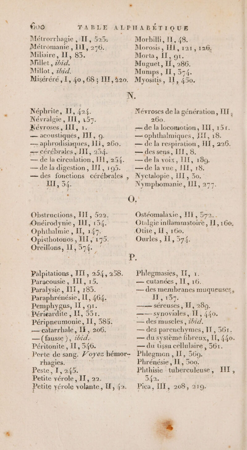 Métrorrhagie , TE, 523: Métromanie , Hi, e 56. Miliaire, 11, 83. Millet, Ed. Millot , tbidl. Morbilli, F1, 48. Morosis, FI, 121, 126. Morta, IT, or. Muguet, ri ge Mumps, IE, 37 Néphrite, IT, 424. Névralgie, II, 15%. Bévroses, LIT, 1. — acoustiqués, IT, 9. —- aphrodisiaques, 111, 260. …— cérébrales, TT, 254. — de la digestion, IFE, 195. — des fonctions cérébrales LT, , 34. Obstructions, TIT, 522. Onéirodynie JA, ne . Ophthalmie , IF, 12 47. Opisthotonos y It, D: Oreilions, Il, 574. qe Palpitations , IT] a 258. Paracousie, HT, Paralysie, IT, 185. Paraphrénésie, IE, 464. Pemphygus, IF, ÊLE | Périeardite , Il, 55r. Péripneumonie Il, 585. — catarrhale, IF, 206. — (fausse }, D. Péritonite, IT, 346. rhagies. Peste, I, 245. Petite vérole : 11, 29. ? Névroses de la génération, FT, 260. — de la locomotion, HET, 151. — Ophthalmiques, Fi, 16. — de la respiration, HE, 226. — des sens, IT, 8. — de la voix, TIT, 169. —-de la vue, HET, 18. Nyctalopie, IT, 30. Nymphomanie, LEE, 277. Ostéomalaxie, IF, 572. Otalgie inflammatoire, Il, 160. Ourles , II, 574. Phlegmasies, IT, 1 — cutanées , IT, 16. IFR: —— séreuses, IT, 18 = synoviales, ÏE., 44 — des muscles, te54, — des par enchy mes, IT, 561. — du système fibreux, I, 440. — du ussu cellulaire, 561. Phlegmon , I, 569, Phrénésie IL, 500. Phthisie tubérculeusé IUT , 342. Pica, IE, 208, 219. È 6. g- 4