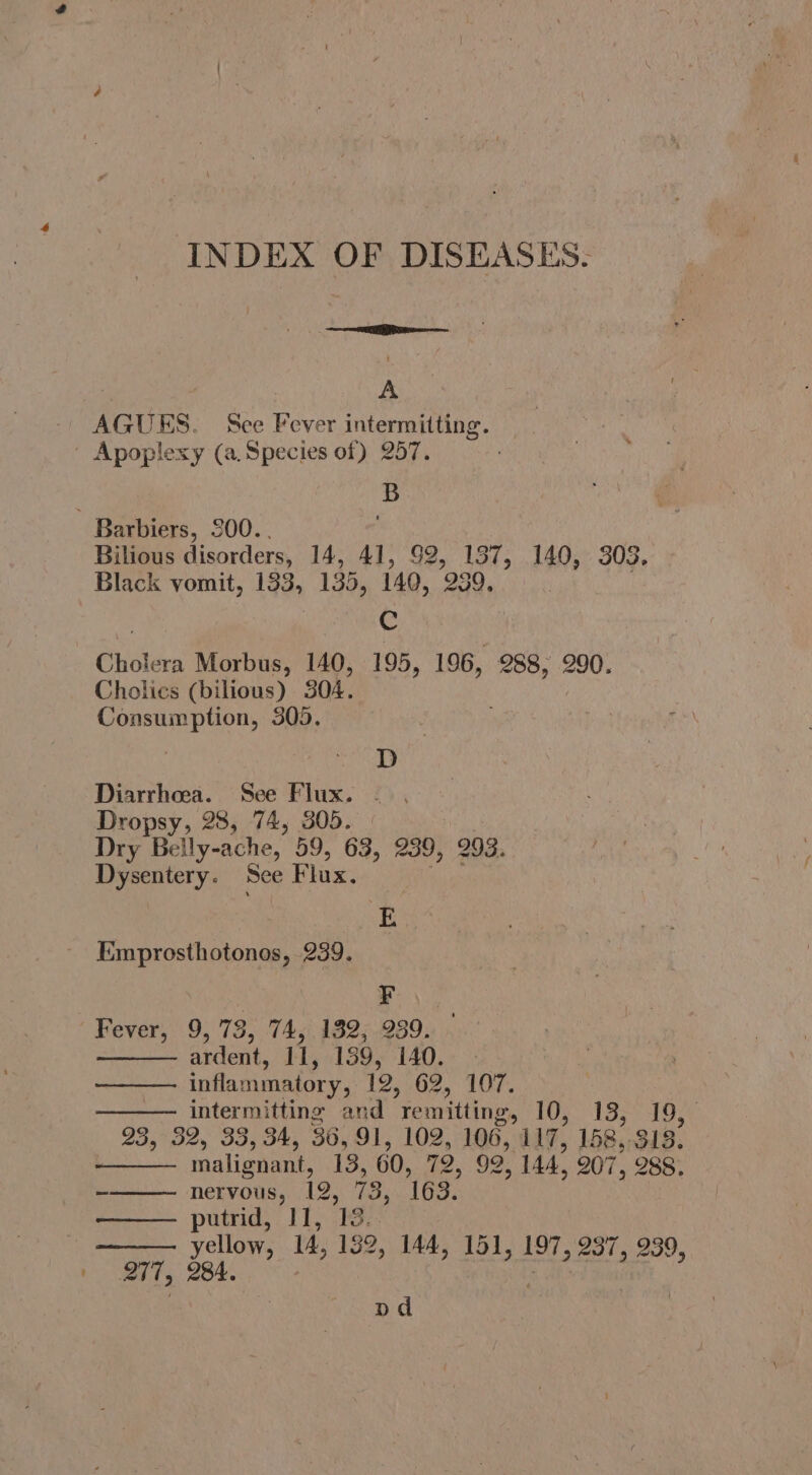 . A - AGUES. Sce Fever intermitting. | Apoplexy (a. Species of) 257. 3 Barbiers, 300... Bilious disorders, 14, 41, 92, 137, 140, 303. Black vomit, 18, 135, 140, 239. C Chotera Morbus, 140, 195, 196, 288, 290. Cholics (bilious) 304. Consumption, 305. D Diarrhoea. See Flux. Dropsy, 28, 74, 305. Dry Belly-ache, 59, 63, 239, 293. Dysentery. See Flax. he Emprosthotonos, 239. F Fever, 9, 73, 74, 132, 939. ardent, ll, 159, 140. infla: mmatory, 12, G7, TOF intermitting and remitting, 10; Vas: 19, BE702, Sapwas 36, 91, 102, 106, 117, 158, 313. 7 malignant, 13, 60, 72, 98) 144. 207, 288. -——— nervous, 12, 2; 163. putrid, 11, —— yellow, 4, 139, 144; 151, 197,'237, 939, 277; 284. | pd