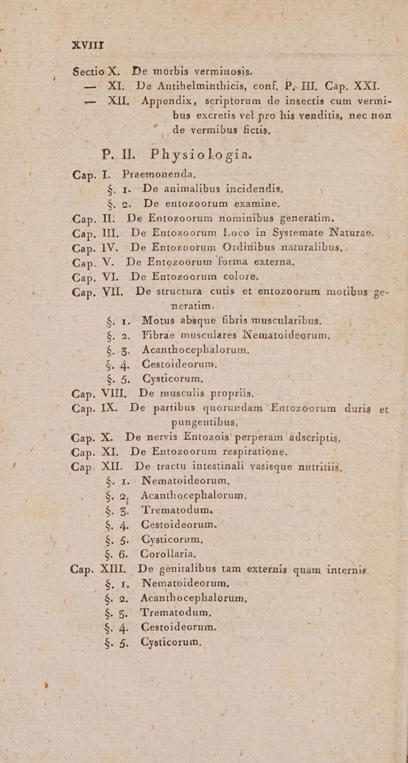 Sectio X. De morbis verminosis. -- XI. De Antihelminthicis, conf, P, II. Cap. XXI. — XIL Appendix, scriptorum de insectis cum vermi- bus excretis vel pro his venditis, nec non de vermibus fictis. PAR Physiologia. Cap. I. Praemonenda, $. r. De animalibus incidendis. | $. e. De entozoorum examine. Cap. II. De Entozoorum nominibus generatim, Cap. III. De Entozoorum Loco in Systemate Naturae. Cap. IV. De Entozoorum Ordinibus naturalibus, . ' Cap. V. De Entozoorunr forma externa, Cap. VI. De Entozoorum colore, Cap. VII. De structura cutis et entozoorum motibus ge- ' neratim. $. 1. Motus absque fibris muscularibus. $. 2. Fibrae musculares INematoideorum, $..5. Acanthocephalorum. $. 4. Cestoideorum, $. 5. Cysticorum, Cap. VEHI De musculis propriis. Cap. IX. De partibus quorundam Entozoorum duris et ^ pungentibus. Gap. X. De nervis Entozois: perperam üdscrips Cap. XI. De Entozoorum respiratione. Cap. XII. De tractu intestinali vasisque nutritiis, $. x. INematoideorum, : $. 2, Acanthocephalorum. $. 5. Trematodum., $. 4. Gestoideorum. - $. 5. Cysticorum, $. 6. CGorollaria, Cap. XIII. De genitalibus tam externis quàm internis, op Nematoideorum, $. 9. Acanthocephalorum, $. &. 'Trematodum., $. 4. Cestoideorum. $. 5. Cysticorum,