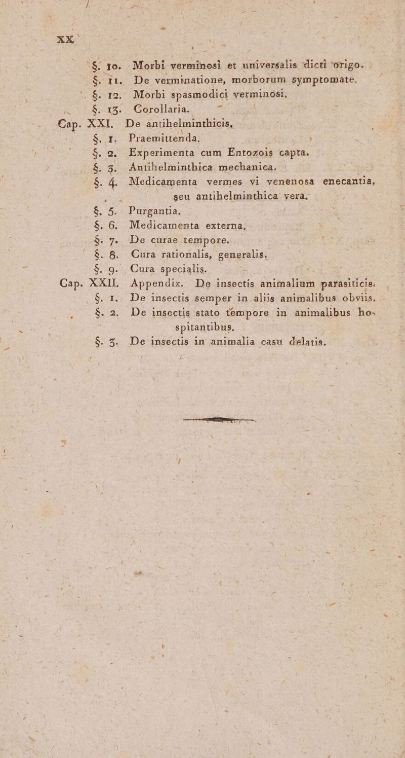 '$&amp; 1o. Morbi verminosi et universalis dicti origo. $. r1. De verminatione, morborum symptorate. . $. r2. Morbi spasmodici verminosi, «$8.15. Corollaria.. e | Cap. XXI. De antihelminthicis, $. r. Praemittenda. |l ; | $ 9. Experimenta cum Éntozois capta. $. 3, Autuhelminthica. mechanica. $. 4. Medicamenta vermes vi venenosa enecantia, VE seu antihelminthica. vera. $. 5. Purgantia, : TE $. 6. Medicamenta externa, $. 7. De curae tempore. $. 8. Cura rationalis, generalis. $. 9. , Cura specialis. ; Cap. XXII Appendix. De insectís animalium parasiticie. $. r.. De insectis semper in aliis animalibus obvus. . , $.2. De insectis stato tempore in animalibus ho. | spitantibus, $. 5. De insectis in animalia casu delatis. ' £ [ P vx