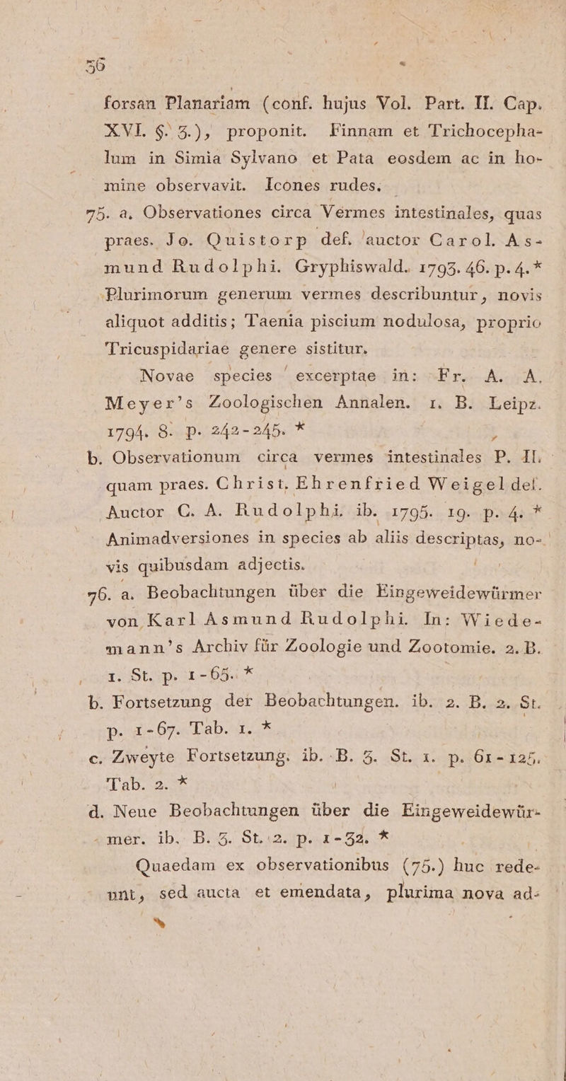 forsan Planariam (conf. hujus Vol. Part. II. Cap. XVI. $. 2.), proponit. Finnam et Trichocepha- lum in Simia Sylvano et Pata eosdem ac in ho- mine observavit. Icones rudes. | 75. a, Observationes circa Vermes intestinales, quas praes. Jo. Quistorp def. auctor Carol As- mund Rudolphi. Gryphiswald. 1793. 46. p. 4. * -Blurimorum generum vermes describuntur, novis aliquot additis; Taenia piscium nodulosa, proprio 'Tricuspidariae genere sistitur. Novae species excerptae in: Fr. A. 4A, Meyer's Zoologischen Annalen. 1. B. Leipz. 1794. 8. p. 242-245. * 1 quam praes. Christ, Ehrenfried Weigel del. .Auctor C. A. Rudolphi ib. 1795. 19. p. 4. * vis quibusdam adjectis. 76. ^ Beobachtungen über die Eingeweidewürmer von Karl Asmund Rudolphi. In: Wiede- mann's Archiv für Zoologie und Zootomie. 2. B. I Stsp r-554.* | b. Fortsetzung der Beobachtungen. ib. 2. B. ». Sr. p. 1-67. Tab. 1. * : c. Zweyte Fortsetzung. ib..B. 5. St. x. p. 61 - 125. TREE e d. Neue Beobachtungen über die Eingeweidewür- amer. ib. B. 5. St.:2. p. 1-52. ^ Quaedam ex observationibus (75.) huc rede- unt, sed aucta et emendata, plurima nova ad- hd