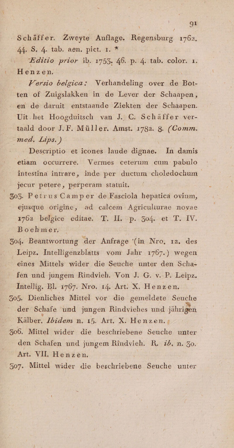 Scháffer. Zweyte Auflage. oce 1762, 44. S. 4. tab. aen. pict. 1. * Editio prior ib. 1755. 46. p. 4. tab. color. 1. Henzen. | .. Fersio belgica: Verhandeling over de Bot- ten of Zuigslakken in de Lever der Schaapen, . en de daruit entstaande Ziekten der Schaapen. Uit.het Hoogduitsch van J. C. Scháffer ver- taald door J. F. Müller. Amst. 1782. 8. i inu med. Lips. ) Descriptio et icones laude dignae. In damis etiam occurrere. Vermes ceterum cum pabulo intestina intrare, inde per ductum choledochum jecur petere, perperam statuit. : $05. Petrus Camper de F'asciola hepatica ovium, ejusque origine, ad calcem Agriculturae novae 1762. bélsice editae. T. IL 5p. .504.-et T. IV. Boehmer, | 5o4. Beantwortung der Anfrage (in Nro, r2. des Leipz. Intelligenzblatts vom Jahr 1767.) wegen eines Mittels wider die Seuche unter den Scha- fen und jungem Rindvieh. Von J. G. v. P. Leipz. Intellig. Bl. 1767. Nro. 14. Art: X, Henzen. 505. Dienliches Mittel vor die gemeldete Seuche der Schafe und jungen Rindviehes und jibzigbà Kamiae: Alóidem n, 15. Art. X. -Pbeucen/i 506. Mittel wider die beschriebene Seuche unter den Schafen und jungem Rindvieh. RH. Z5. n. 50. Art. VIL, Henzen. 507. Mittel wider die beschriebene Seuche unter