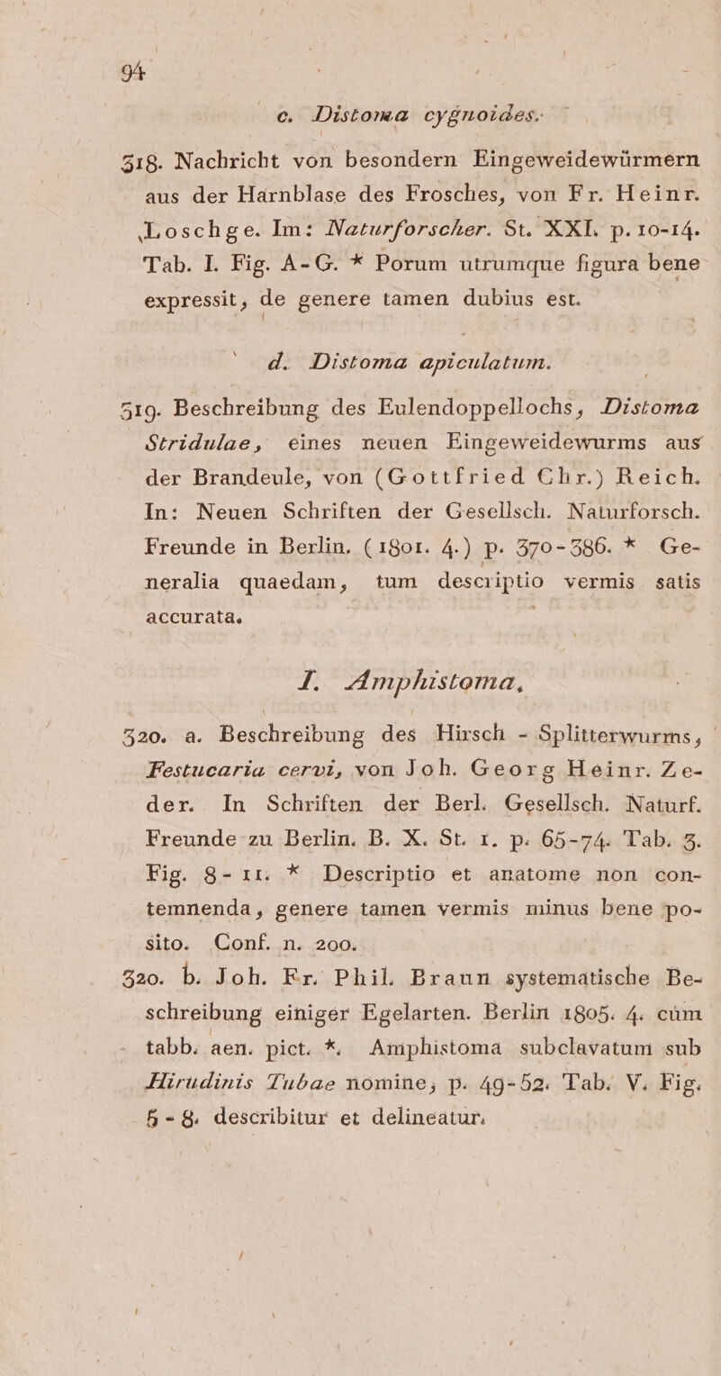c. Distoma cygnoides. 518. Nachricht von besondern Eingeweidewürmern aus der Harnblase des Frosches, von Fr. Heinr. JALoschge. Im: Naturforscher. St. XXI. p. 10-14. Tab. I. Fig. A- G. * Porum utrumque figura bene expressit, de genere tamen dubius est. N d. Distoma apiculatum. 519. Beschreibung des Eulendoppellochs, JDzstoma é6triduíae, «eines neuen Eingeweidewurms aus der Brandeule, von (Gottfried Chr.) Reich. In: Neuen Schriften der Gesellsch. Naturforsch. Freunde in Berlin. (180r. 4.) p. 570-586. * Ge- neralia quaedam, tum descriptio vermis satis accurata, J. Amphistema, 520. a. Beschreibung des Hirsch - Splitterwurms, - Festucaria cervi, von Joh. Georg Heinr. Ze- der. In Schriften der Berl. Gesellsch. Naturf. Freunde zu Berlin. B. X. St. r. p. 65-74. Tab. 5. Fig. 8- 1r. * Descriptio et anatome non con- temnenda , genere tamen vermis minus bene po- sito. Conf. n. 200. 520. b. Joh. Er. Phil. Braun systematische Be- schreibung einiger Egelarten. Berlin 1805. 4. càüm tabb. aen. pict. Amiphistoma subclavatum sub Hirudinis Tubae nomine, p. 49-52. Tab. V. Fig. 5-8 describitur et delineatur,