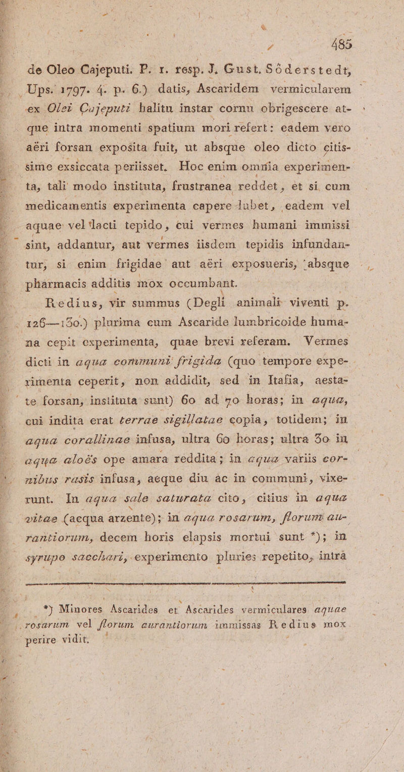 MD e S de Oleo Cajeputi. P. r. resp. J. Gust, Sóderstedt ex Olei Cojeputi halitu instar cornu obrigescere at- que intra momenti spatium mori refert: eadem vero aéri forsan exposita fuit, ut absque oleo dicto citis- ta, tali modo instituta, frustranea reddet, et si cum medicamentis experimenta capere lubet, eadem vel aquae vel dlacti cn , tui vermes humani immissi  sint, addantur, aut vermes iisdem tepidis infundan- tur, si enim frigidae: aut aéri exposueris, .absque pharmacis additis mox occumbant. nan Redius, vir summus (Degli animali viventi P. rimenta ceperit, non addidit, sed in ltafia, aesta- aqua corallinae infusa, ultra Go horas; ultra 2o iu aqua aloés ope amara reddita ; in aqua variis cor- zibus rasis infusa, aeque diu ac in communi , vixe- runt. In aqua sale saturata cito, citus in equa itae (acqua arzente); in equa rosarum, florum au-. raniiorum, decem horis elapsis mortui sunt *); in syrupo sacchari, experimento pluries repetito, intrà prid U s LI *) Minores Ascarides et Ascarides vermiculares aquae .rosarim vel florum. aurantiorum immissas RA edius mox. E odire vidit; :