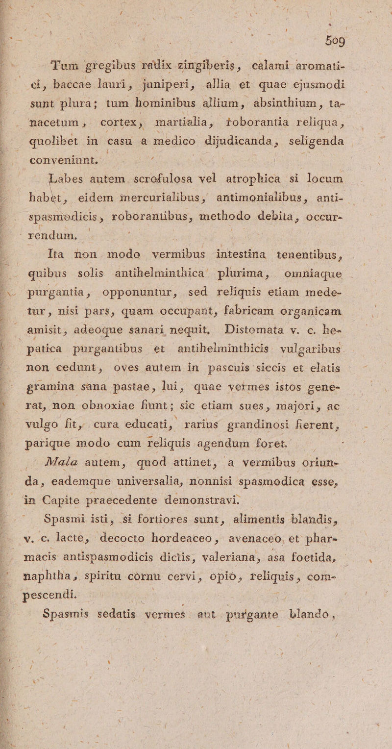 Tem gregibus radix zingiberis , calami aromati- ci, baccae lauri, juniperi, allia et quae ejusmodi sunt plura; tum hominibus allium, absinthium, ta- nacetum , cortex, martialia , roborantia reliqua, quolibet. in casu & medico dijudicanda, seligenda conveniunt. : Labes autem scrofulosa vel atrophica si locum habet, eidem iercurialibus, antimonialibus, anti- spasme dicis , roborantibus, methodo debita, occur- Ita non modo vermibus intestina tenentibus , quibus solis antihelminthica plurima, | omniaque purgantia, opponuntur, sed reliquis etiam mede- tur, nisi pars, quam occupant, fabricam organicam patíca purgantibus et antihelminthicis vulgaribus: non cedunt, oves autem in pascuis siccis et elatis gramina sana pastae, lui, quae vermes istos gene- rat, non obnoxiae fiunt; sic etiam sues, majori, ac vulgo fit, cura educati, rarius grandinosi fierent, parique modo cum reliquis agendum foret. | - Mala autem, quod attinet, a vermibus Oriun- du , eademque universalia, nonnisi spasmodica esse, in Capite praecedente demonstravi; : Spasmi isti, .$i fortiores sunt, alimentis blandis, v..c. lacte, decocto hordeaceo, avenaceo. et phar- macis antispasmodicis dictis, valeriana, asa foetida, naphtha, spiritu cornu cervi, opió, reliquis, com- pescendi. t Spasmis sedatis vermes ant. purgante blando,