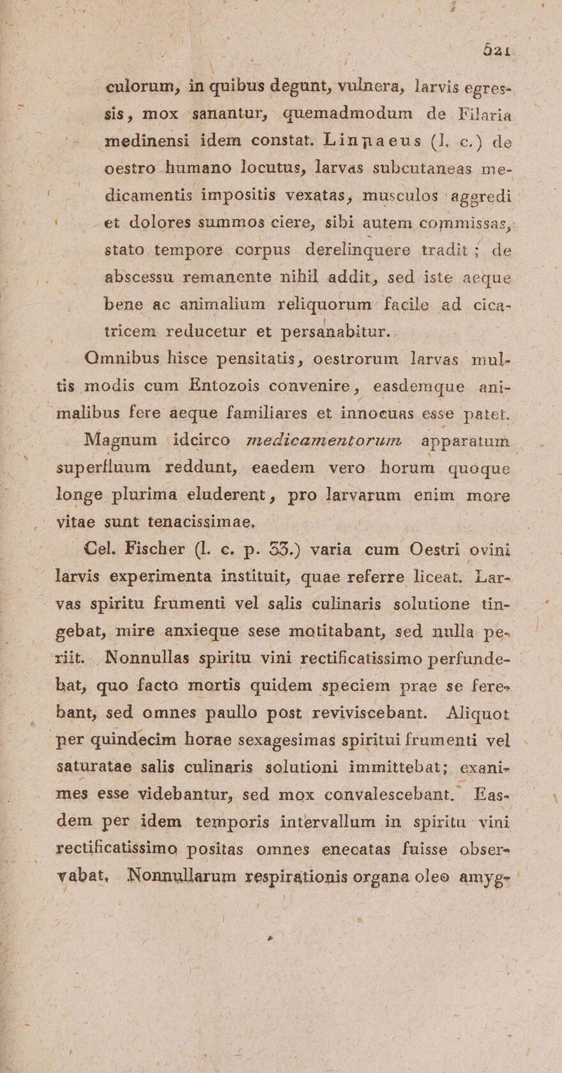 culorum, in quibus degunt, vulnera, larvis egres- —- medinensi idem constat. Linmaeus (1...) de dicamentis impositis vexatas, musculos aggredi stato tempore corpus derelinquere tradit ; de abscessu remanente nihil addit, sed iste aeque tricem reducetur et persanabitur.. Omnibus hisce pensitatis, oestrorum larvas mul- tis modis cum Entozois convenire, easdemque ani- malibus fere aeque familiares et innocuas esse patet. superlluum reddunt, eaedem vero horum quoque longe plurima eluderent, pro larvarum enim more vitae sunt tenacissimae, . Cel. Fischer (l c. p. 55.) varia cum Oestri ovini larvis experimenta instituit, quae referre liceat. Lar- - vas spiritu frumenti vel salis culinaris solutione tin- bat, quo facto mortis quidem speciem prae se feres -per quindecim horae sexagesimas spiritui frumenti vel saturatae salis culinaris solutioni immittebat; exani- dem per idem temporis intervallum in spiritu vini rectihicatissimo positas omnes enecatas fuisse obser- vabat, Nonnullarum respirationis organa oleo amyg- Li